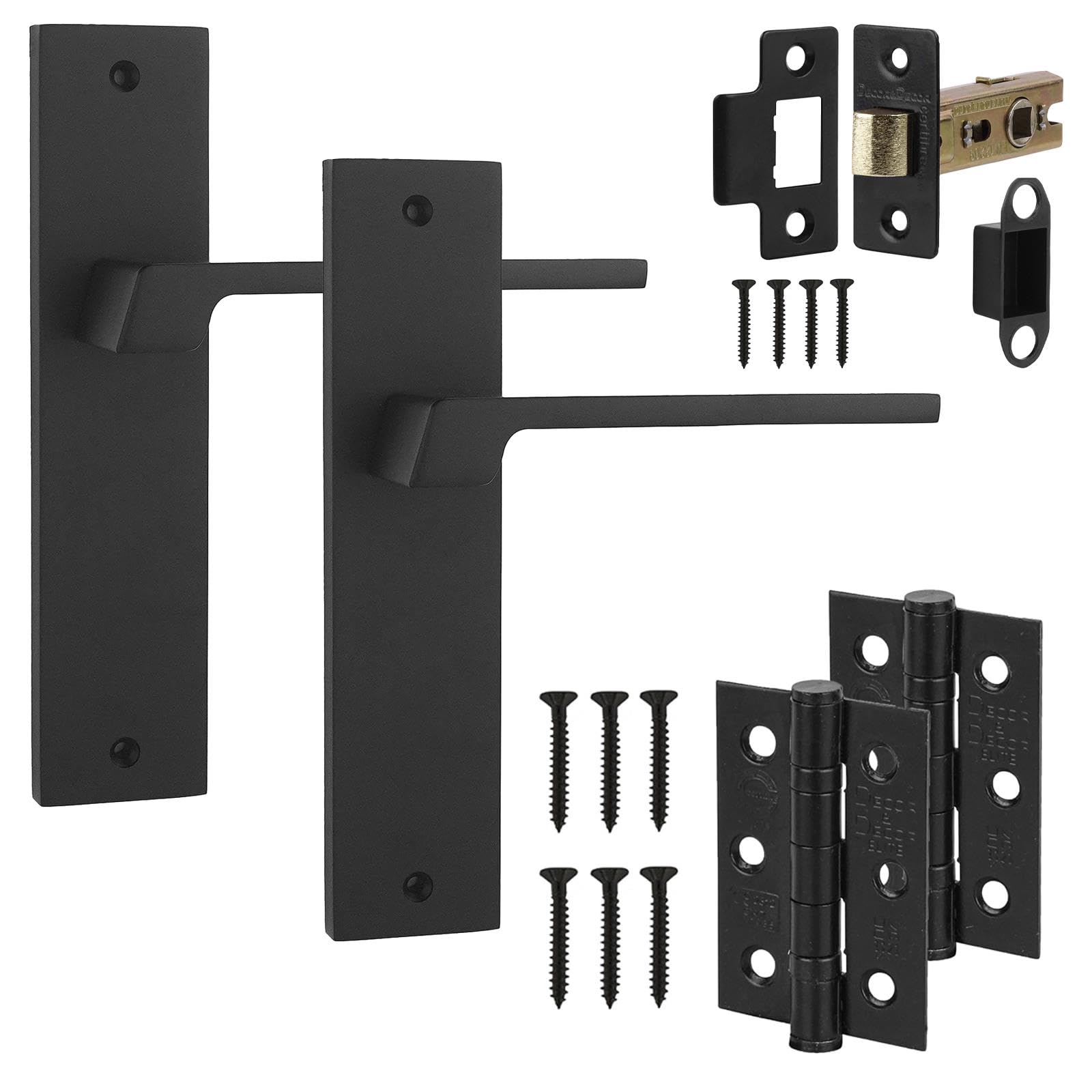 Decoranddecor Spectra Matt Black Internal Entry Handle Set – Keyhole Backplate Door Handles with 2.5in Tubular Mortise Latch & Fire Rated Hinges; Lever Door Handles with Backplate for Modern Interiors