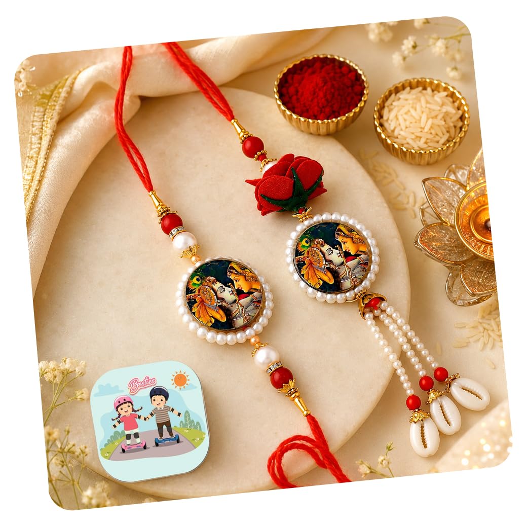 CraftVatika Bhaiya Bhabhi Rakhi Magnet Set Rakhi for Brother and Bhabhi 1 Fridge Magnet Radha Krishna Flower Lumba Rakhi for Couple Designer Rakhi Set, Rakhi with Fridge Magnet