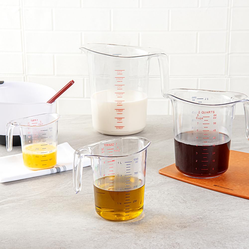 Restaurantware RW Base - Tarro medidor de 1 cuarto de galón, 1 vaso de medición duradero, unidades métricas e imperiales, boquilla en forma de V, mango de taza medidora de plástico transparente con