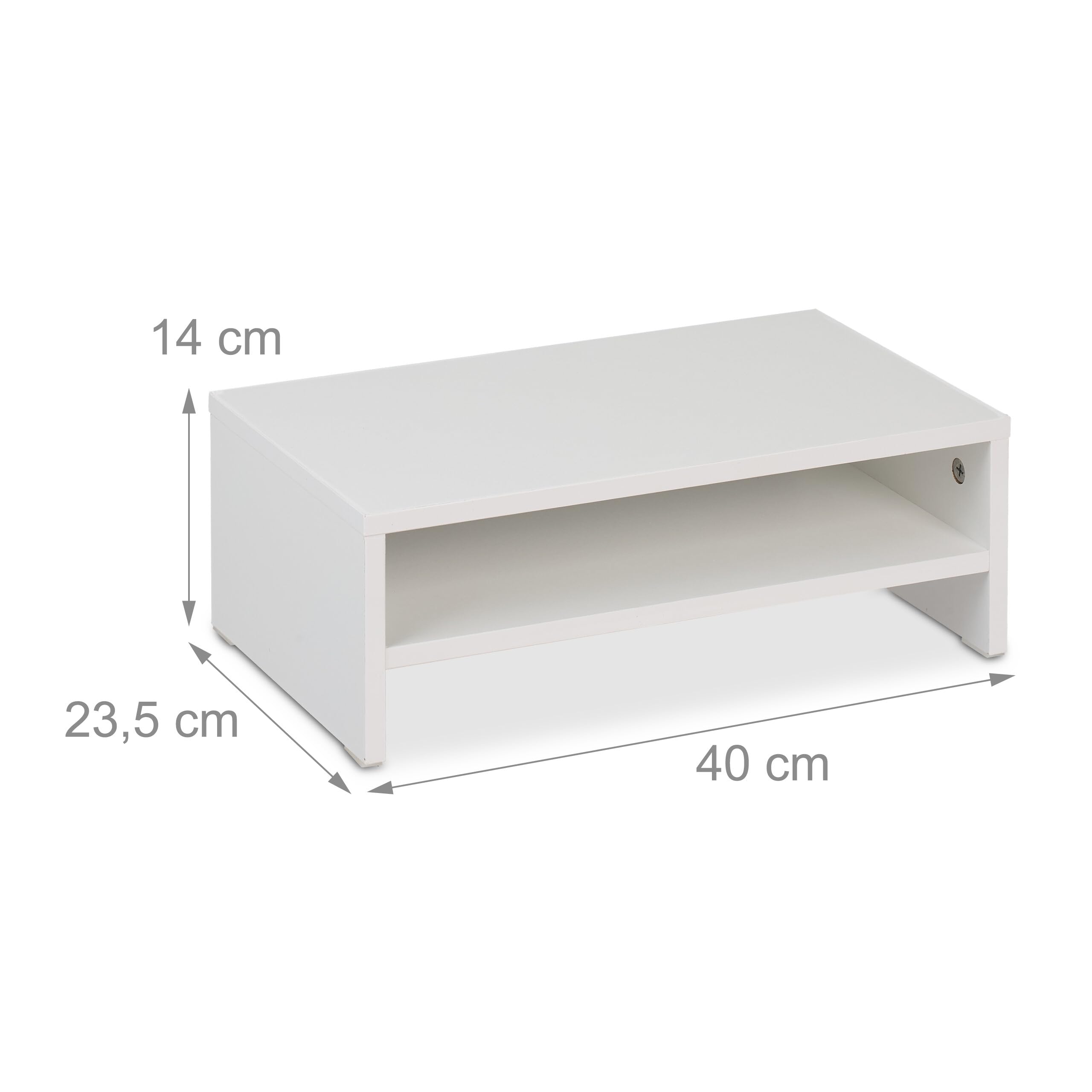 Relaxdays Supporto per Monitor, Rialzo Stand PC con Ripiano Portaoggett, 14x40x23,5 cm, Alzaschermo da Scrivania, Bianco
