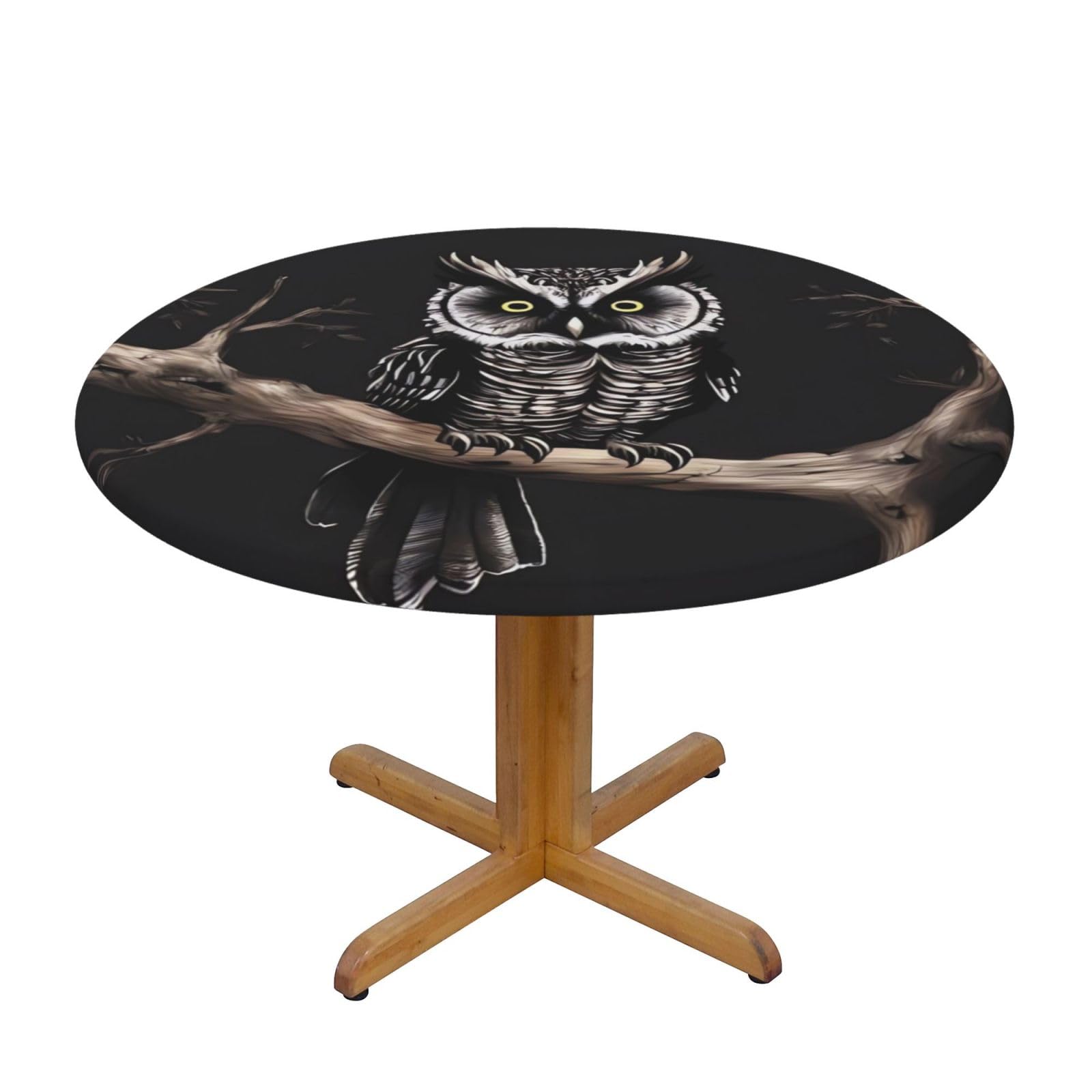 Nappe de table ronde élastique anti-tache motif hibou pour protéger un plateau de 101 à 127cm