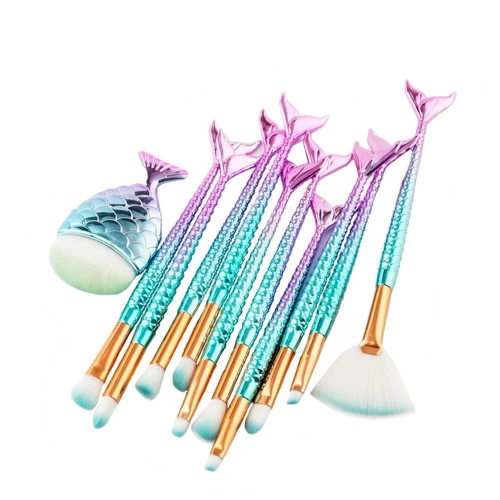 Pinceles de Maquillaje de Sirena,Profesional Brochas de Maquillaje 11 Piezas Forma de Cola de Sirena Cepillo de Maquillaje para Sombra de Ojos, Corrector, Delineador de Ojos
