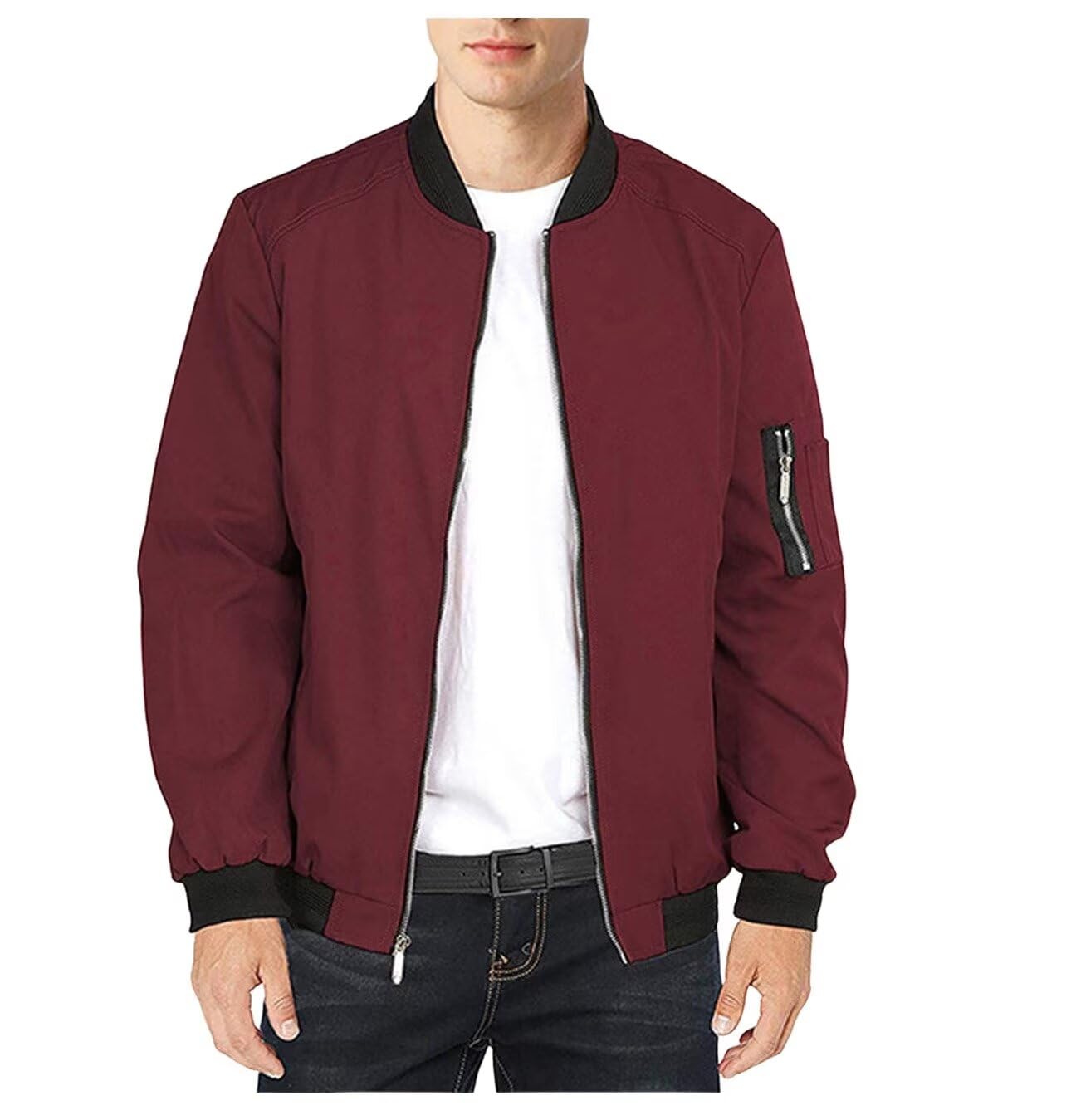 Uomo Primavera Autunno Classica Leggero Casual Jacket Cappotto Cotone Softshell Sottile Sportiva Baseball Bomber Collare Estivo Comodo Giubbotto All'Aperto Giacca Uomo Rosso scuro L