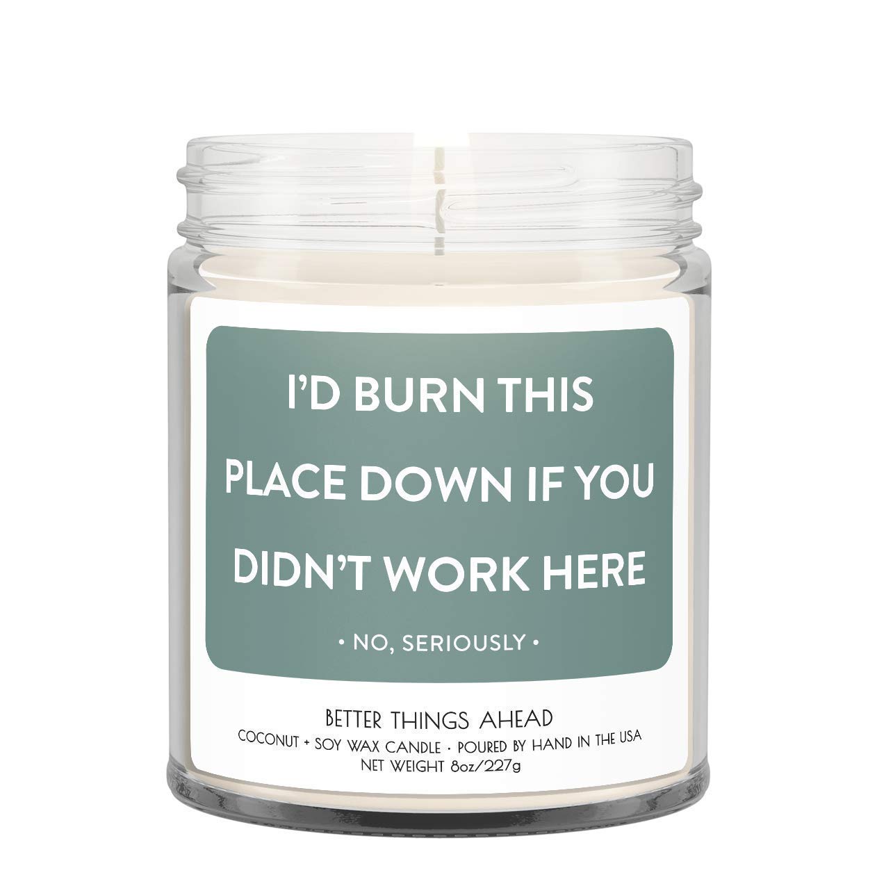 I'd Burn This Place Down If You Didn't Work Here Candle | West Clay Company | Eucalyptus Spearmint Scented Soy Coconuts Nontoxic Candles for Home | Funny Gifts for Coworker, Work | 8oz Jar