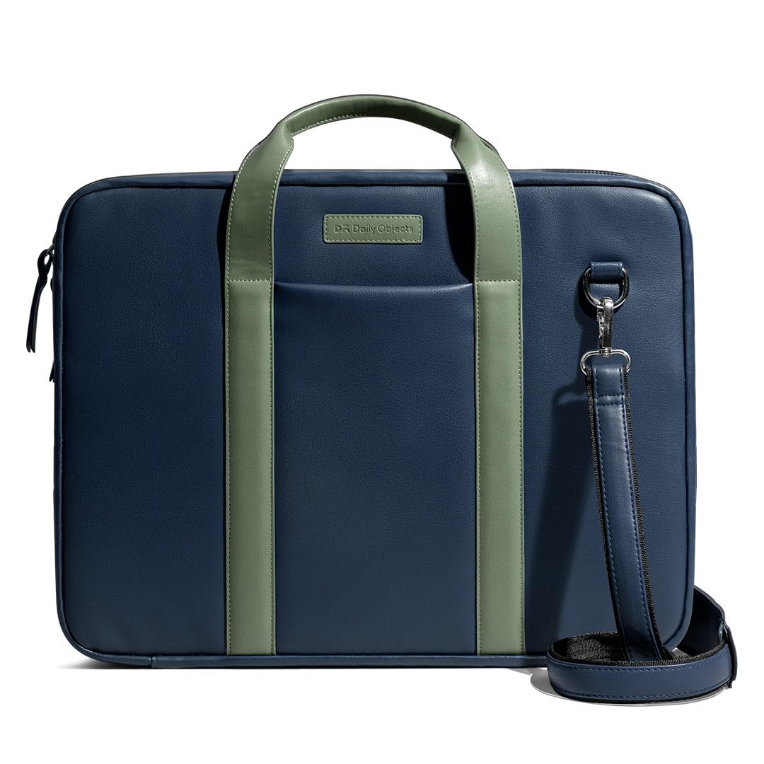 DailyObjects Unisex Blue Urban Classic Briefcase Vegan Leather Laptop Messenger Bag with Adjustable Straps | Zip Closure with Slip Pockets | Detachable Carry Pouch and A Large Storage For 14 Inch Laptops (B0BG4V498L) Amazon Price History, Amazon Price Tracker
