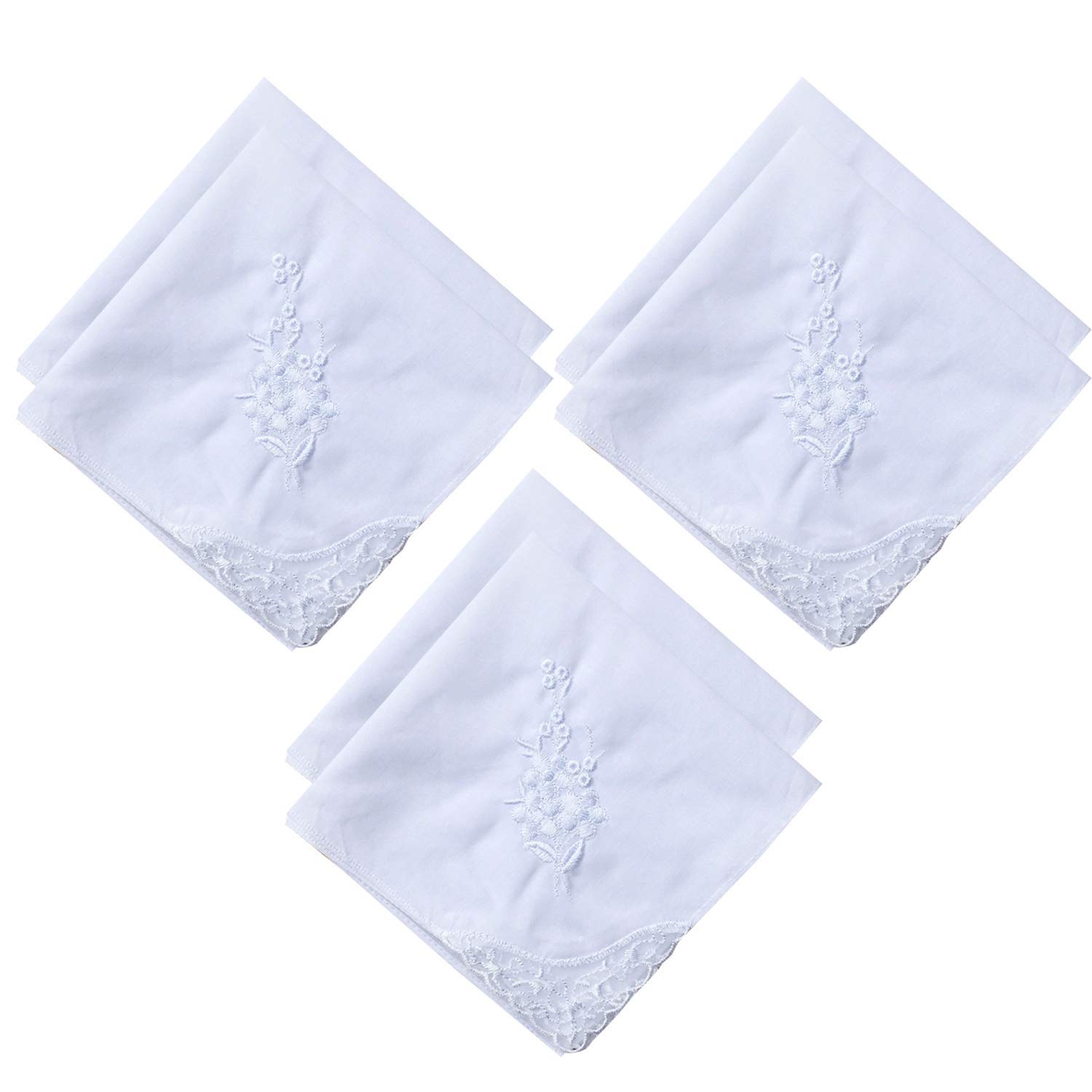 6 Pack of Ladies Embroidery Cotton Handkerchiefs Lace Border White Hankies - White -