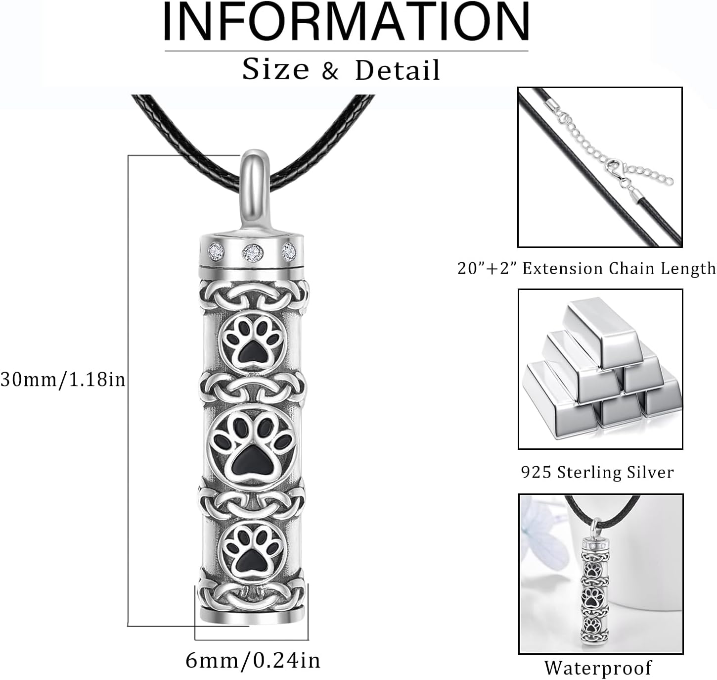 Dreamboat Pet Cremation Urn Necklaces for Dog Cat Ashes 925 Sterling Silver Paw Print Keepsake Pendant Memorial Jewelry Gifts for Women Men
