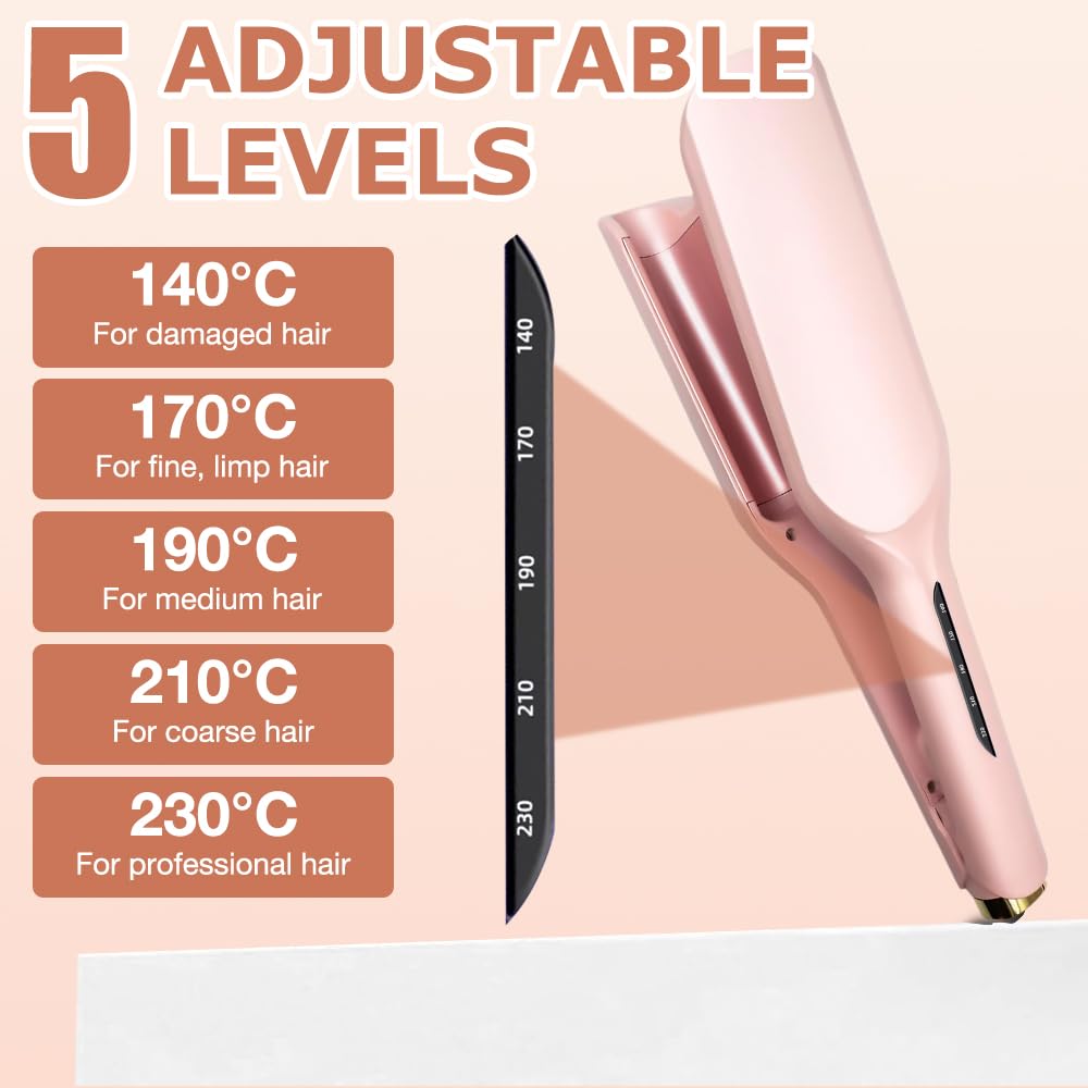 Fer a Onduler Cheveux, 32mm Boucleur a Cheveux, Fer à Onduler, Fer a Gaufrer les Cheveux, Fer a Friser Boucler avec 5 Températures Réglables, Boucleur Wavy pour Tous les Types de Cheveux (Rose)