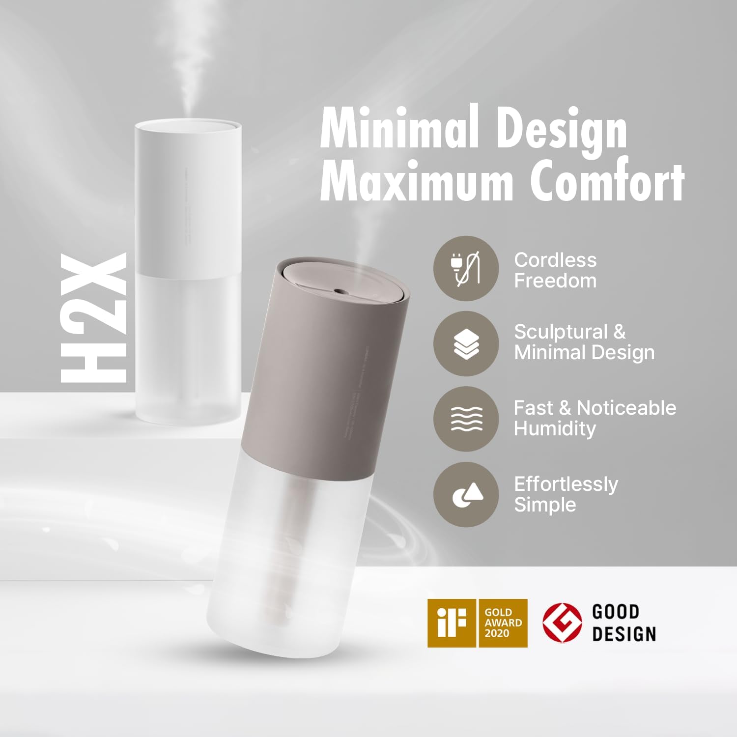LUMENA H2X Portable Cool Mist Humidifier, 500ml Wireless Personal Humidifier with Mood Light, Auto Shut-Off Sensor, Up to 12 Hours, for Bedroom, Office, Desk & Car (Sand Gray)