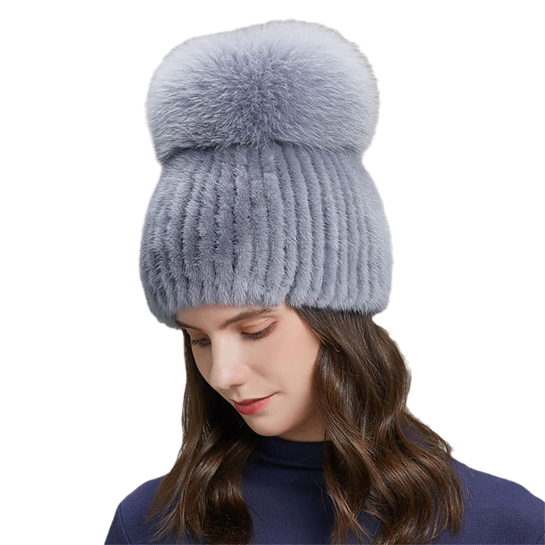 Sombreros de Invierno de Piel de visón para Mujer con Gorro de Punto con Pompones, Gorro Femenino de elásticos cálidos a la Moda 06 52-58 Cm