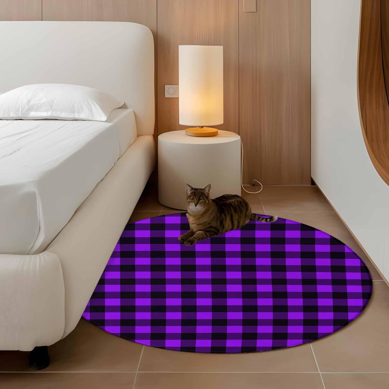 DecorLovee Small Round Rug 3Ft Washable Non-Slip, Black Purple Plaid Circle Area Rugs for Living Room Bedroom, Farmhouse Simple Buffalo Checked Indoor Floor Mats Carpet Runner for Home Decor