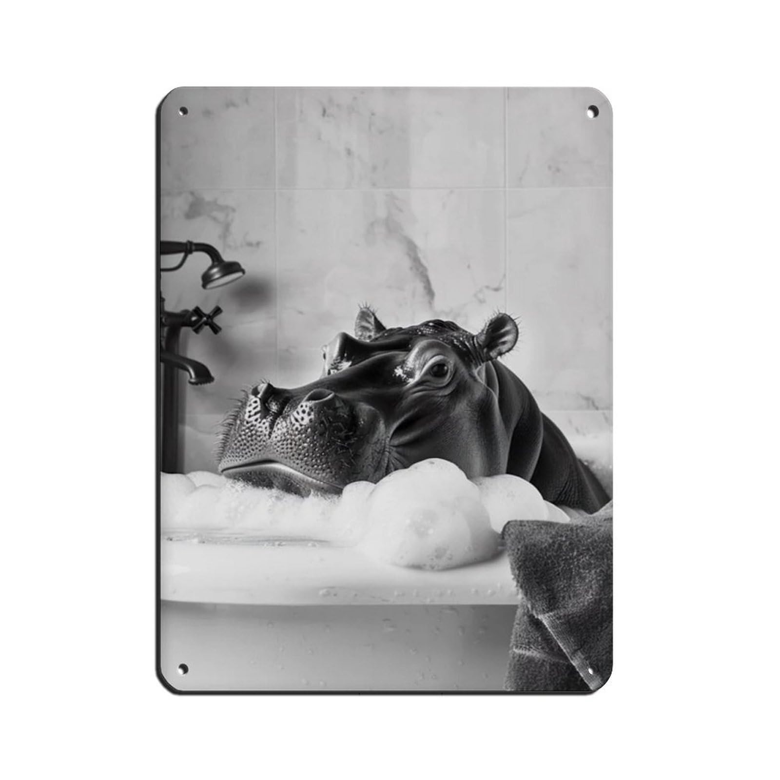 Hippo in The Bathtub, Funny Animal Poster Retro Poster Metal Tin Sign Chic Art Retro Iron Painting Bar People Cave Cafe Family Garage Poster Wall Decoration 12x16inch(30x40cm)