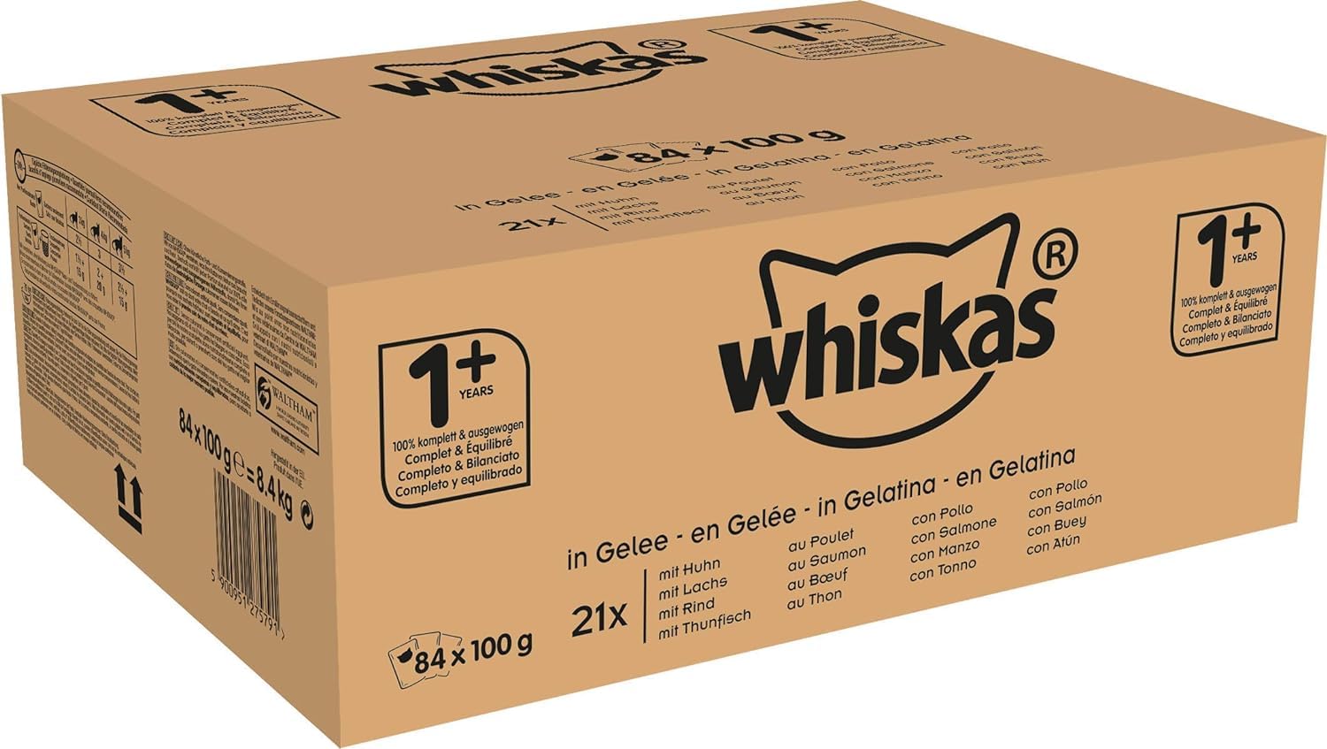 WHISKAS Repas pour Chat - 84 Sachets Fraîcheur 100g - Pâtée en Gelée - Poulet / Saumon / Boeuf / Thon - Nourriture Complète & Equilibrée avec des Ingrédients Naturels, Adapté Stérilisé