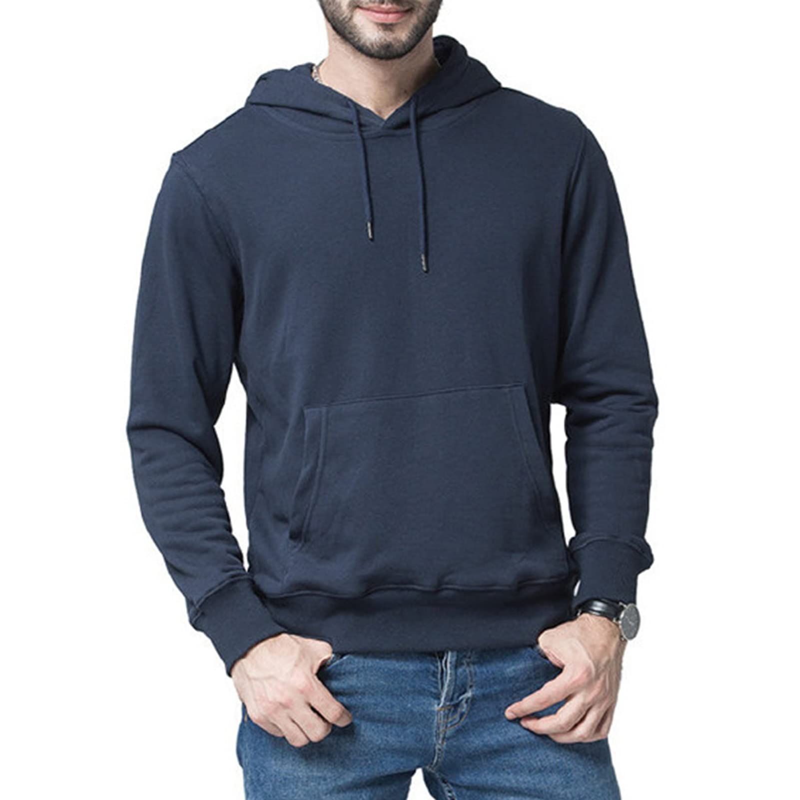 Maiyifu-GJ Men's Solid Athletic Hooded Sweatshirt Casual Long Sleeve Pullover Hoodie Comfy Sports Hoodies with Kanga Pocket (Dark Blue,4X-Large)