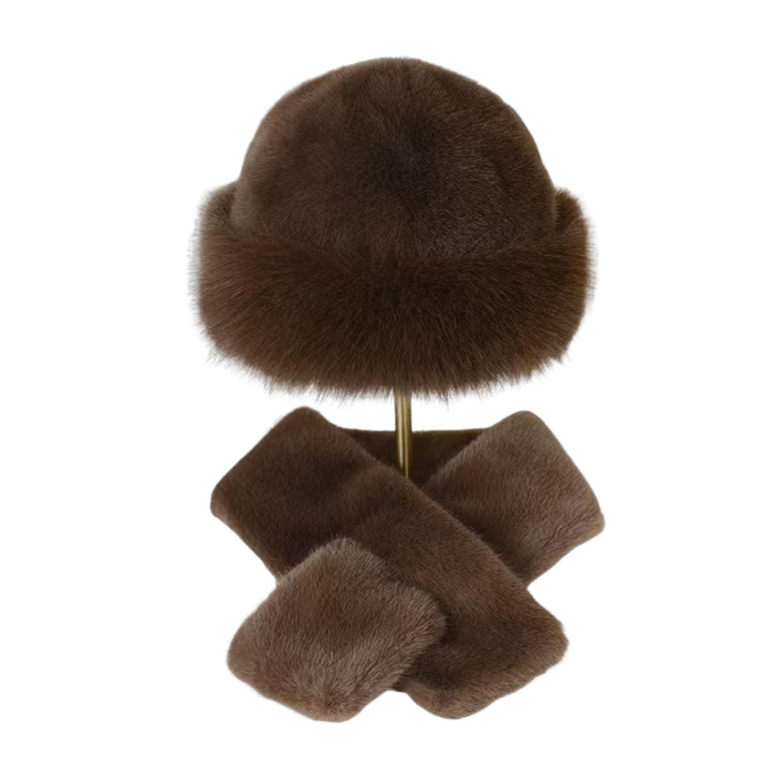 Taeiur Fur Hat and Scarf Set for Women, Faux Fur Collar Wrap Winter Fuzzy Hat Scarf Thickened Plush Warm Cap for Cold Weather Coffee