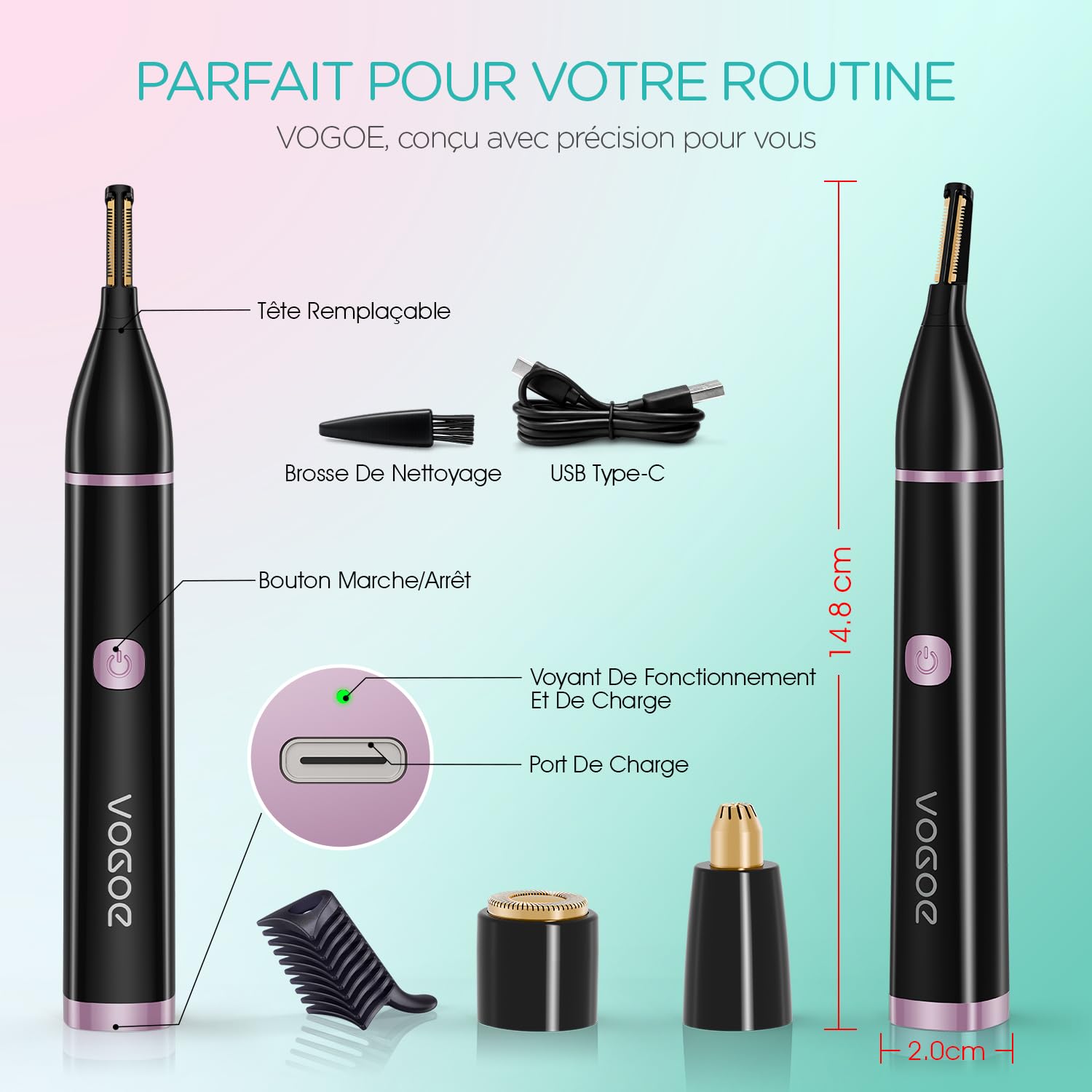 VOGOE Épilateur Visage Femme 3-en-1, Tondeuse à Sourcils Électrique Indolore, Rechargeable et Étanche avec Peigne, pour Sourcils, Lèvre Supérieure, Menton et Joues (Noir)