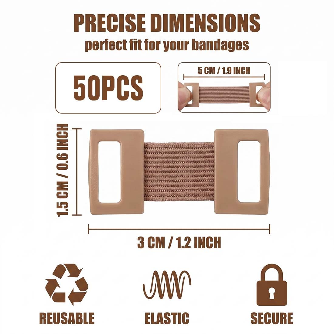 50 Pinzas Elásticas de Vendaje de aluminio y fibra elástica, reutilizables, para vendajes elásticos (algodón, compresión, mascotas), ideal para esguinces y torceduras, marrón claro