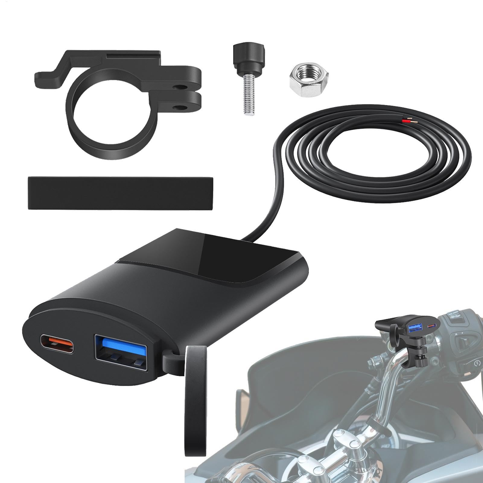 Motorcycle USB Charger, Motorcycle USB Port | Adaptador USB impermeable QC 3.0 PD Carga Motoroche, Puerto de carga Ultra-Narrow 12V-24V Adaptador doble rápido para tableta
