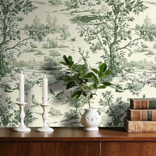 Image of Wallpaper Peel and Stick Vintage Flowers Pattern Design Textured Toile Wallpaper, Green and Cream, Pastoral Landscape with Birds and Deer, Traditional Style Shelf Vinyl PVC 16.5&87inch