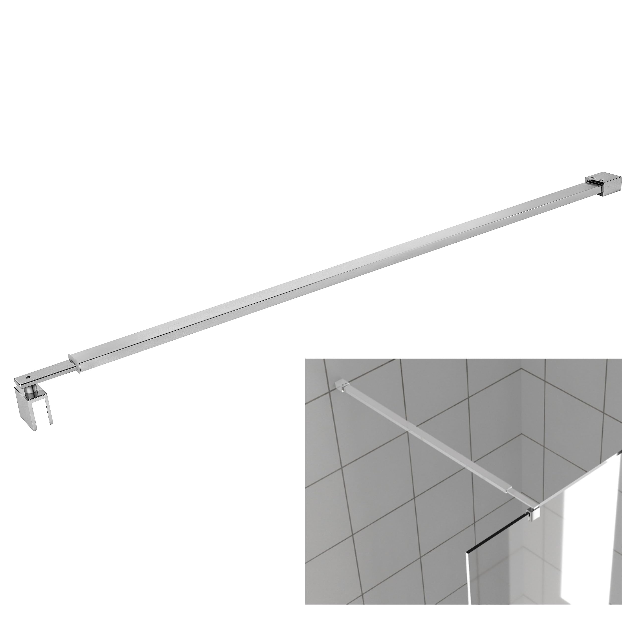 Brushed Silver Stainless Steel Wall-to-Glass 27-47" Shower Door Support Bar Arm for 5/16" to 1/2" Thick Fixed Frameless Shower Glass Screen Panel