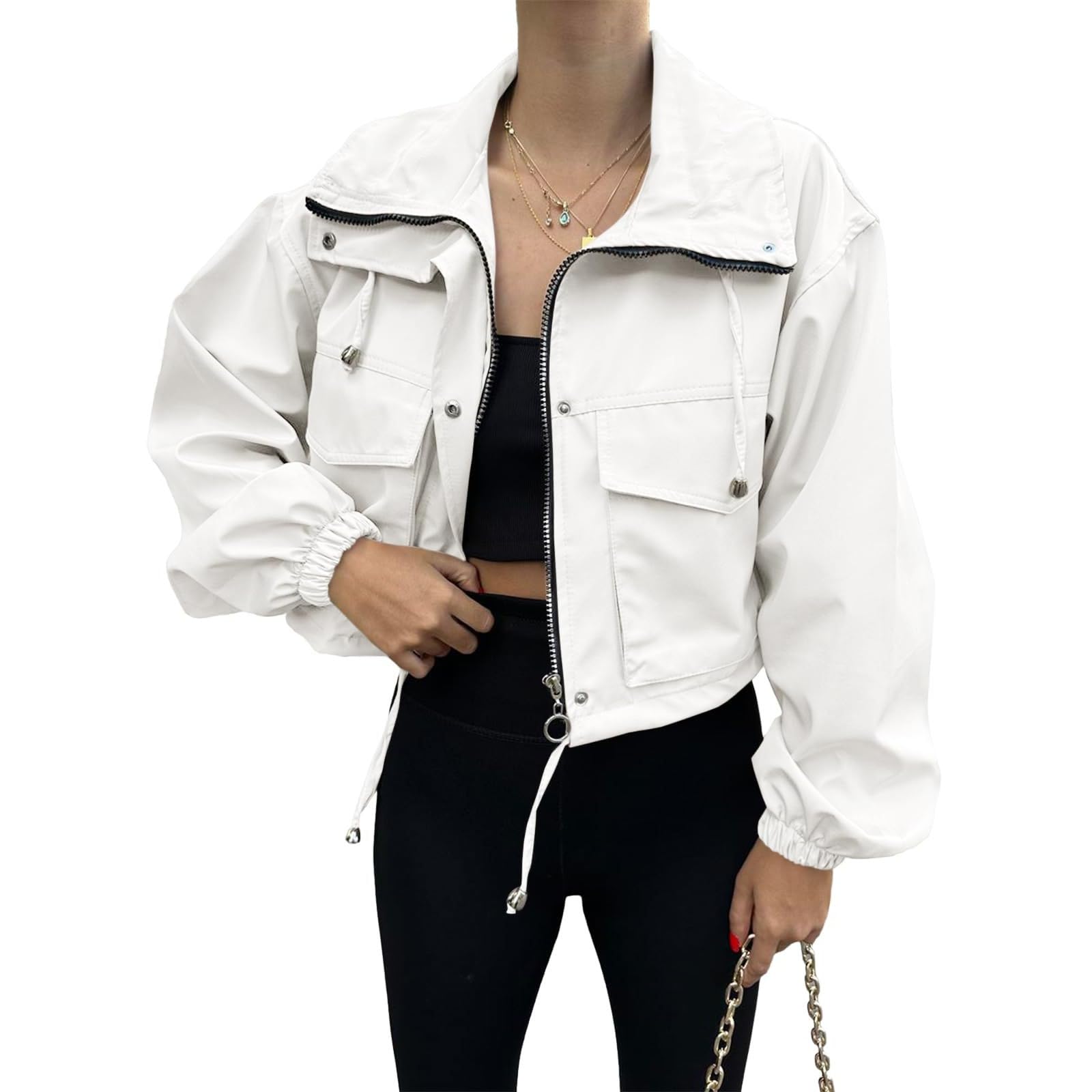 Womens Cropped Jacket Zip 2026 Trendy Zip Up Lightweight Utility Anorak Coat Long Sleeve Short Jacket with Pockets — view 7