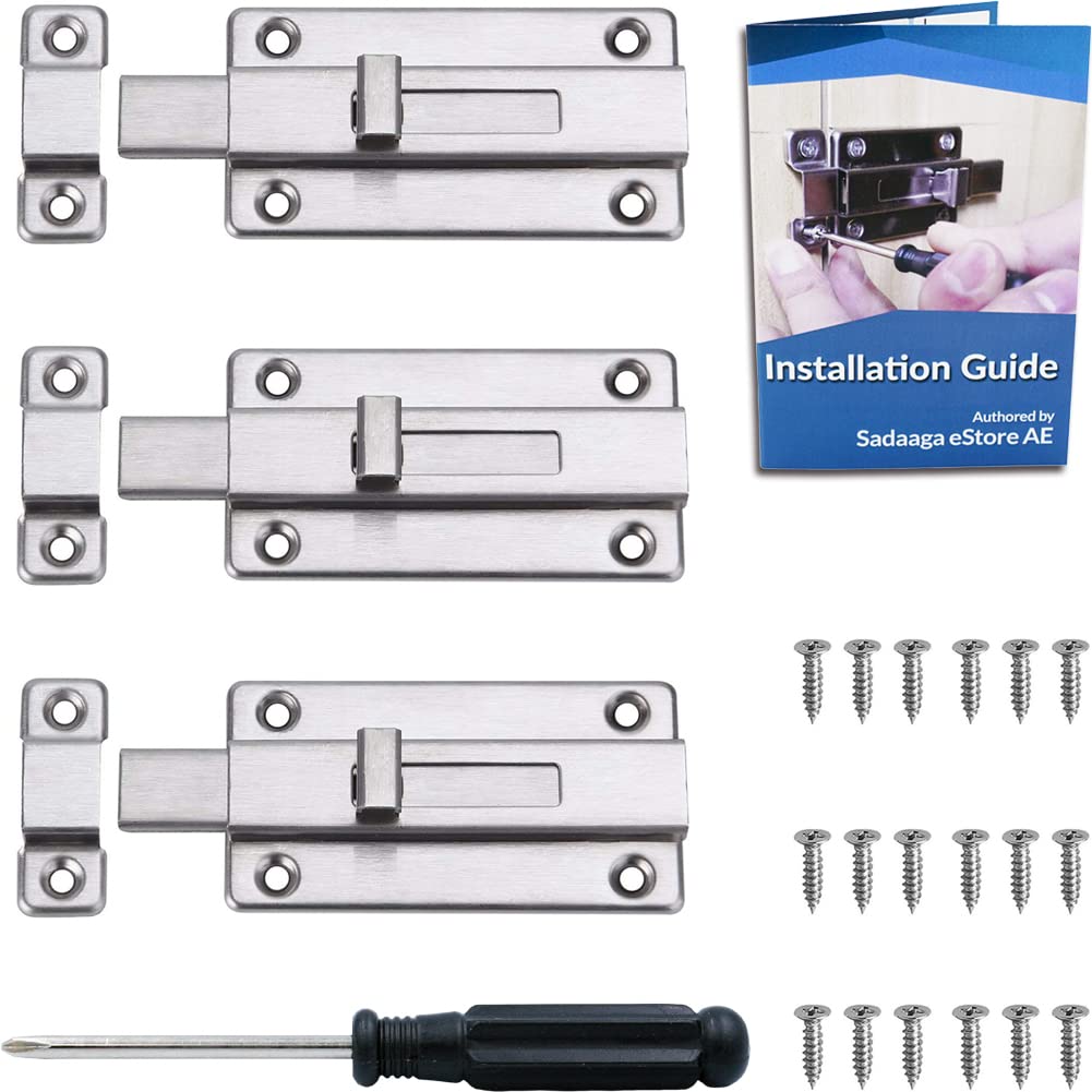 Door Latch Lock, Slide Door Locks, Stainless Steel Door Latches, Sliding Door Lock for Security and Privacy, Door Latches & Bolts with Screws for Bedroom Shed Hotel Toilet Bathroom (Pack of 3)