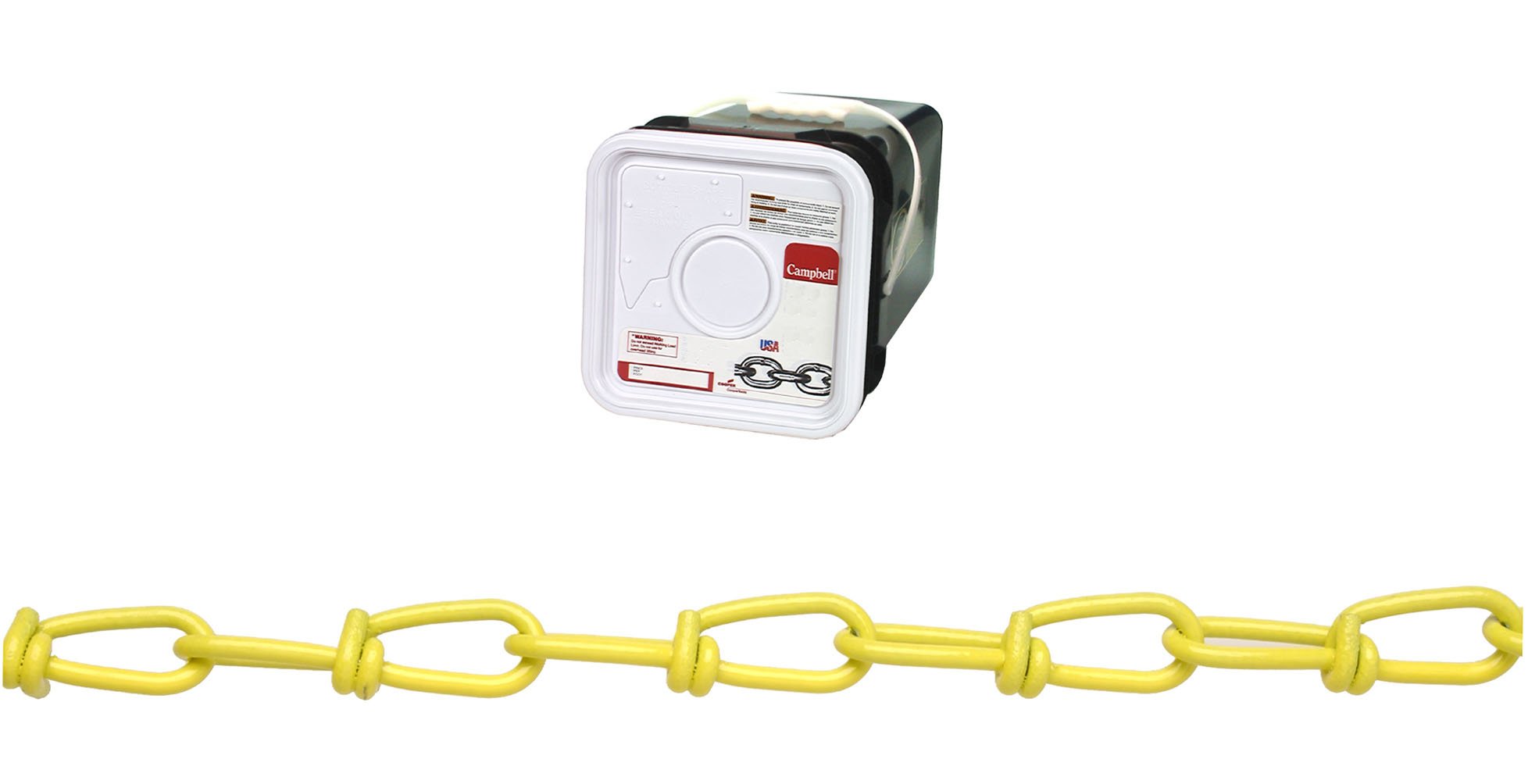 Campbell PD0752496 Low Carbon Steel Inco Double Loop Chain in Square Pail, Yellow Polycoated, 2/0 Trade, 0.14" Diameter, 200' Length, 255 lbs Load Capacity