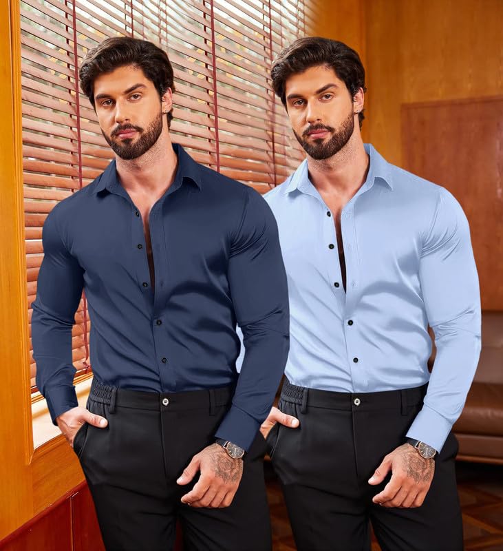 Image of Combo of Men's Premium Satin Cotton Shirt with Full Sleeves & Spread Collar | Smooth Finish | Slim Fit | Stylish Button Down Shirt for Evening, Casual Pack of 2