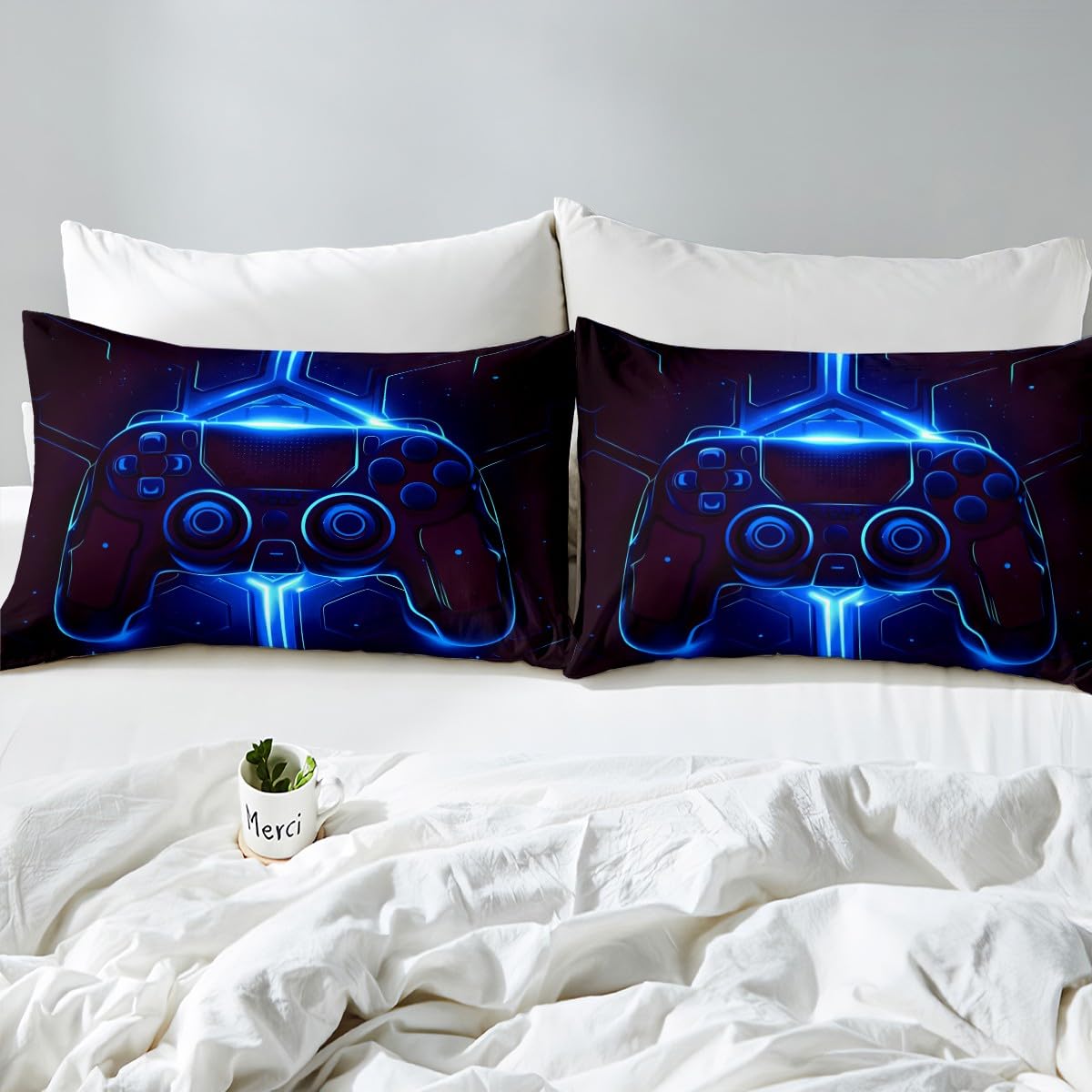 Homemissing Set di biancheria da letto per bambini e adolescenti, per letto king size, copripiumino geometrico blu, motivo videogiochi, senza