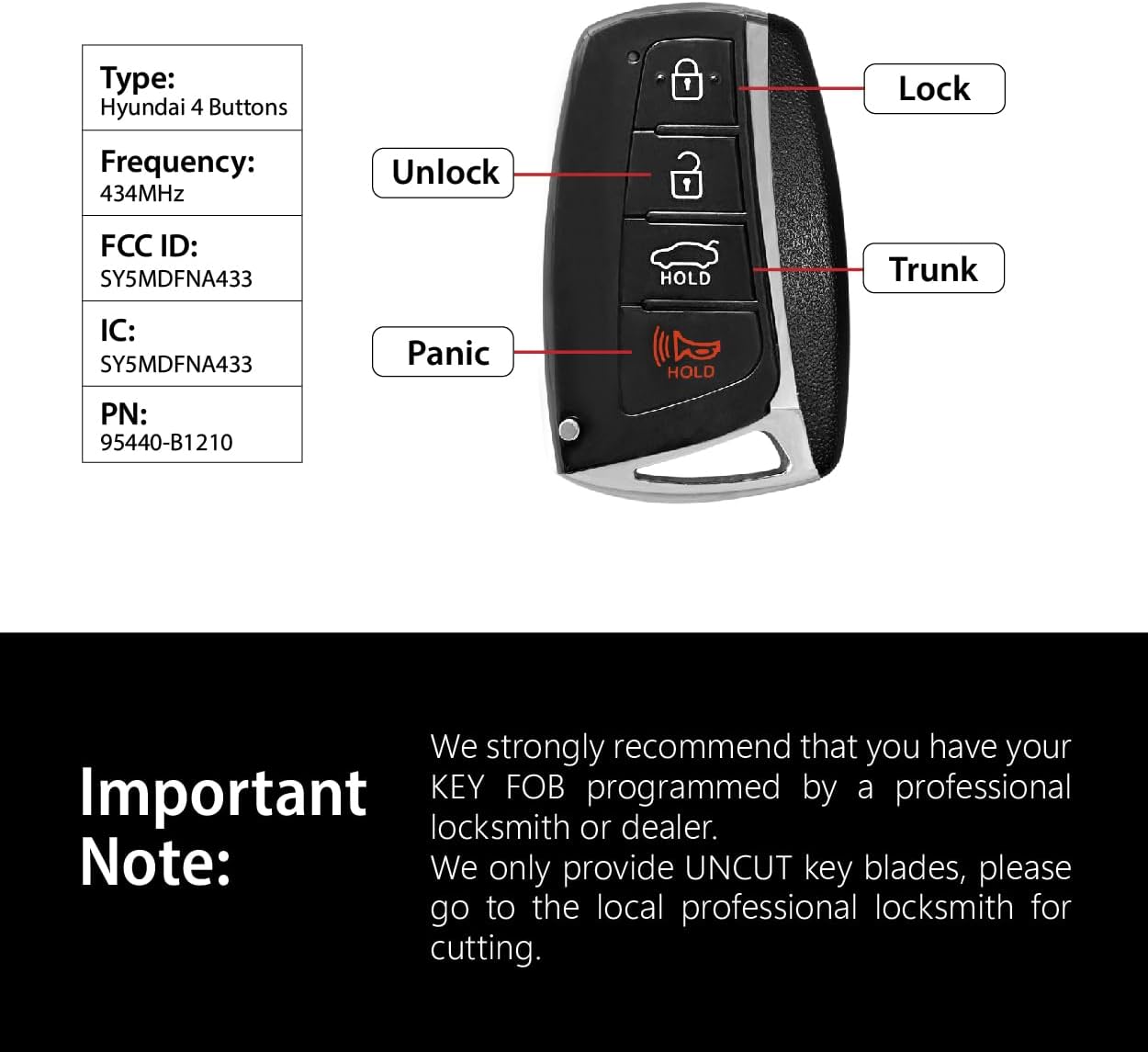 Replacement for 2015 2016 Hyundai Genesis Key Fob Remote Control SY5MDFNA433 4 Buttons 434MHz
