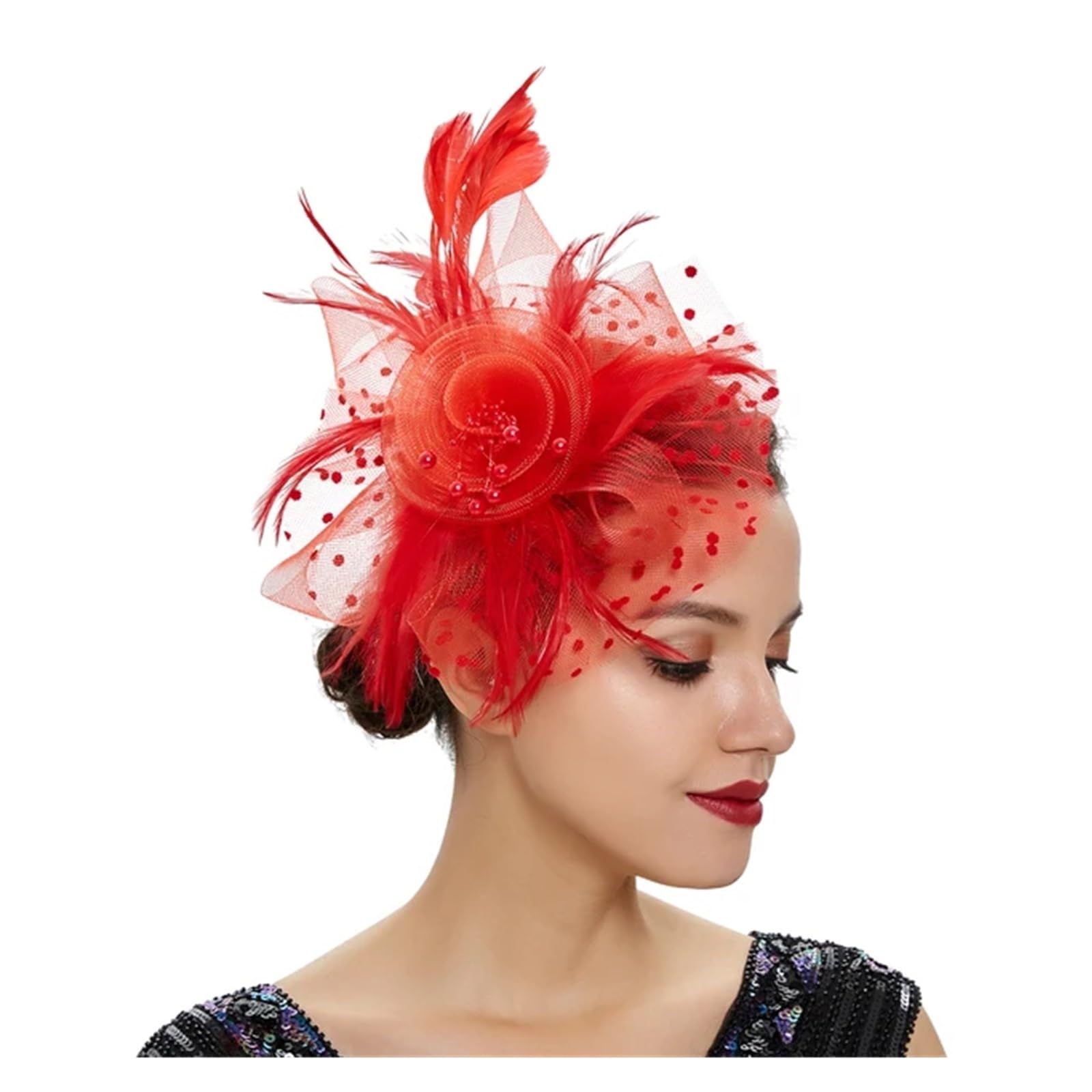 UALXPAO Wedding Hats Women Feather Flower Fascinator Hat Ladies Hair Accessories Wedding Party Floral Mesh Veil Headband Hairpin for Tea Party,Weddings(Red)