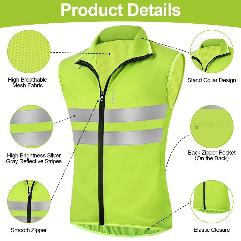 AUYAO Reflektierende Fahrradweste Herren Damen, Windweste Visibility Vest, Warnweste mit Reißverschluss, Ärmellos MTB Radweste, Laufweste Radfahren, Joggen, Winddicht, Atmungsaktiv