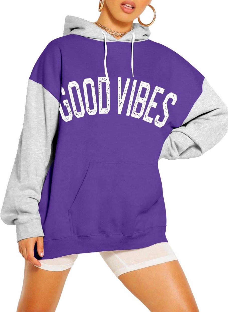 PESION Womens Pullover Hoodies Oversized Graphic Color Block Novelty Hoodie Sweatshirts with Pockets - Image 2