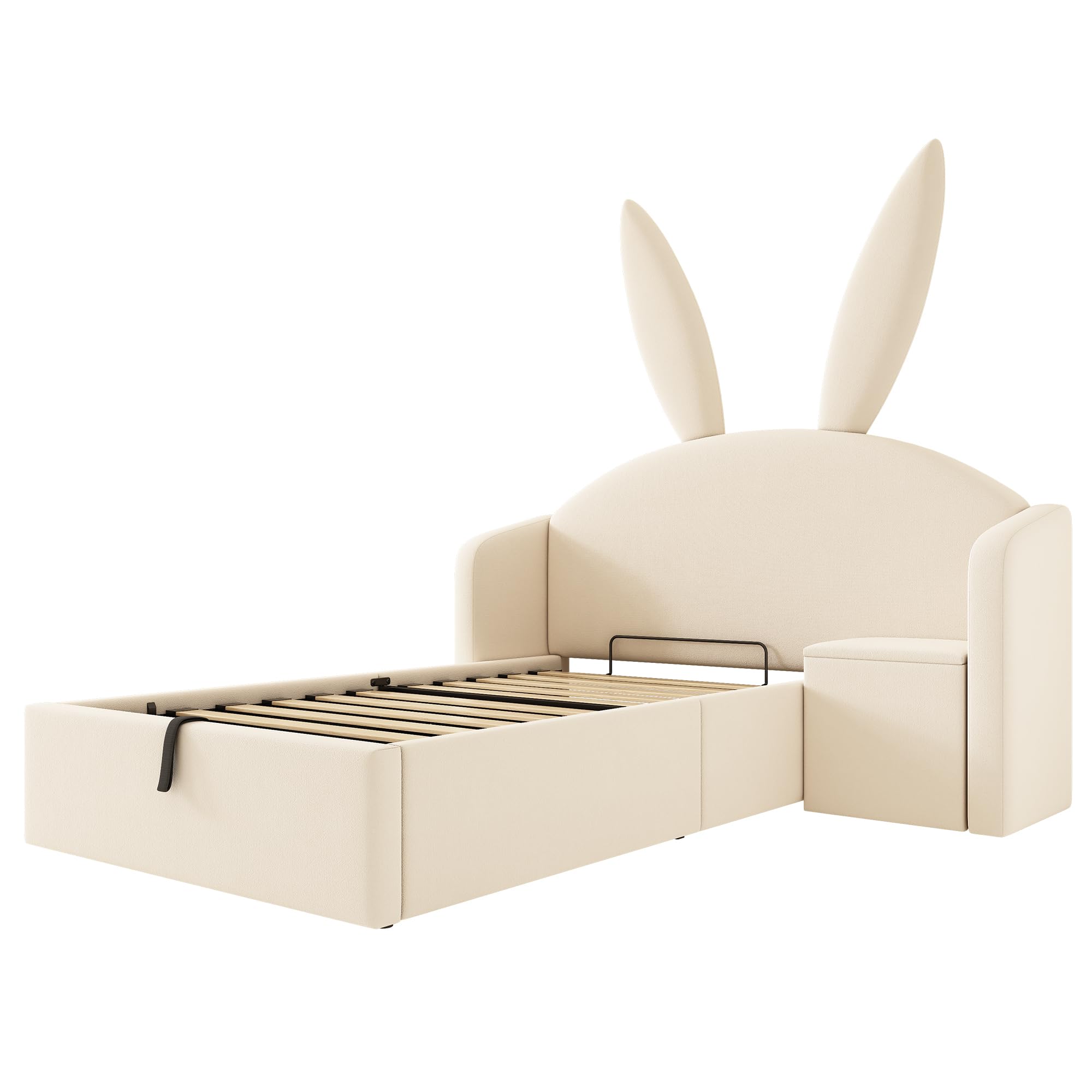 Estructura de Cama Tapizada 90x190cm Cama Individual Canape Hidraulico con Mesilla Integrada Mueble Dormitorio Base de Cama Somier Madera Almacenamiento Terciopelo Beige Juvenil