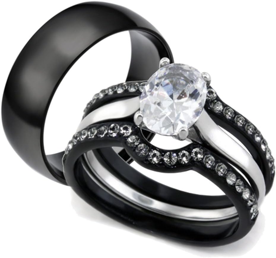 Marimor Jewelry His and Hers 4 Piece Black Stainless Steel Wedding Engagement Ring and Classic Band Set