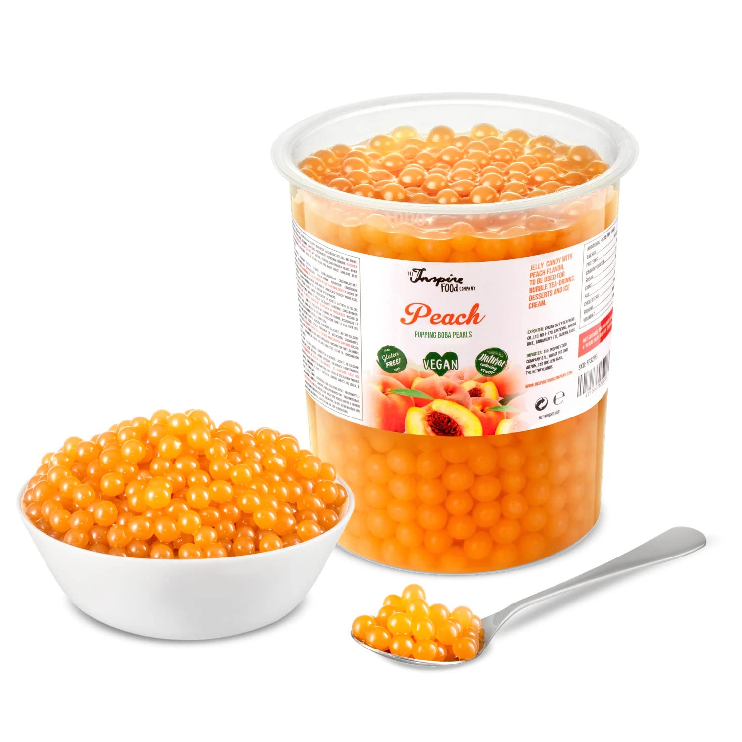 INSPIRE FOOD Popping Boba Pearls for Bubble Tea | PEACH | 2 lb Tubs | 100% Vegan & Gluten Free Bursting Pearls | Lower Sugar & Real Fruit Juice for Teas, Shakes, Dessert, Smoothies