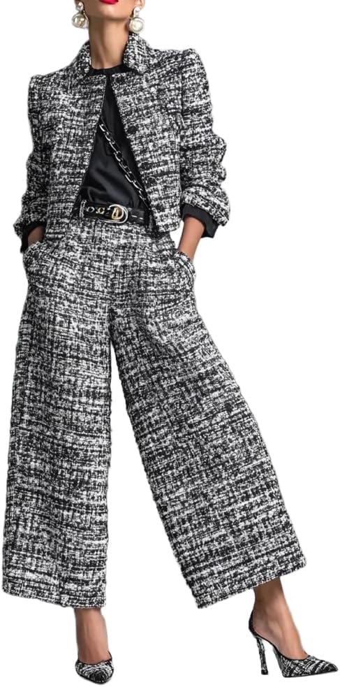 Womens Plaid 2 Piece Set Long Sleeve Jacket and Wide Leg Pants Fashion Commuter Suit Trousers Outfits