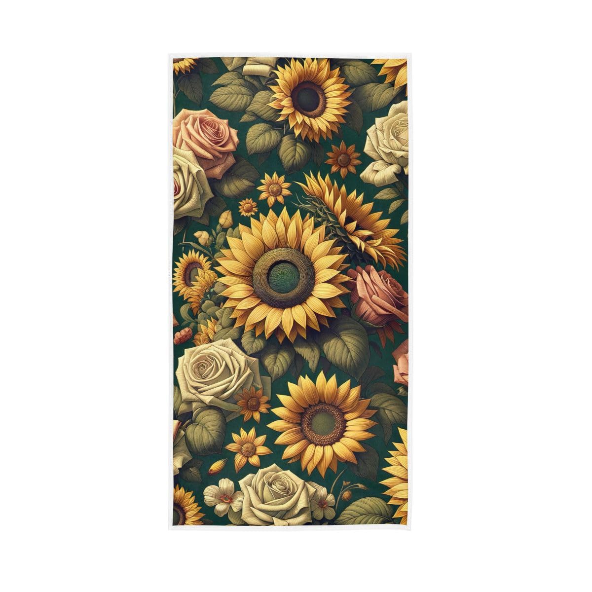 LSRCPD Sunflowers and Roses Green Hand Towel, Multipurpose Hand Towels Cotton for Hand, Face, Hair, Bath 15 x 30 Inches