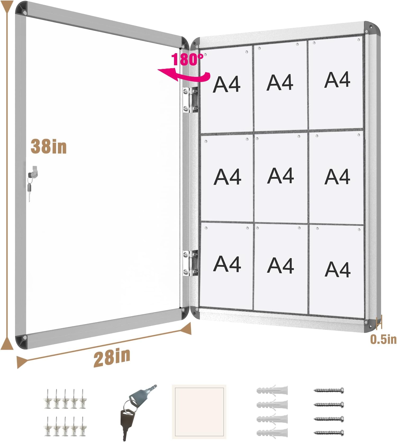 38” x 28” Enclosed Cork Bulletin Board, Secure Wall-Mounted Noticeboard w/Lock, Silver Aluminum Frame, Clear Acrylic Swing Doors, Ideal Display Solution for School, Office, Commercial, Grey