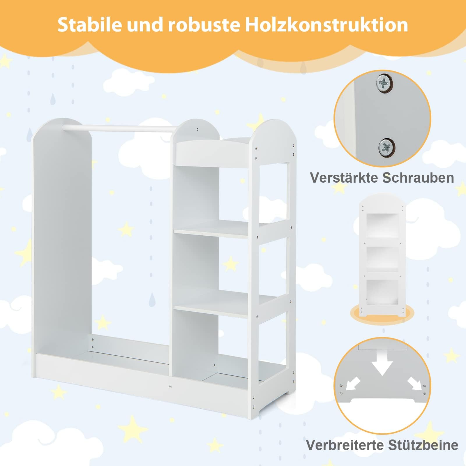 FANTASK Holz-Kinderkleiderschrank 93,5 x 38 x 100 cm,Prinzessinen-Garderobe mit Spiegel & Kleiderbügel & 4 Regalen,weißer Kinderkleiderschrank, Weiß