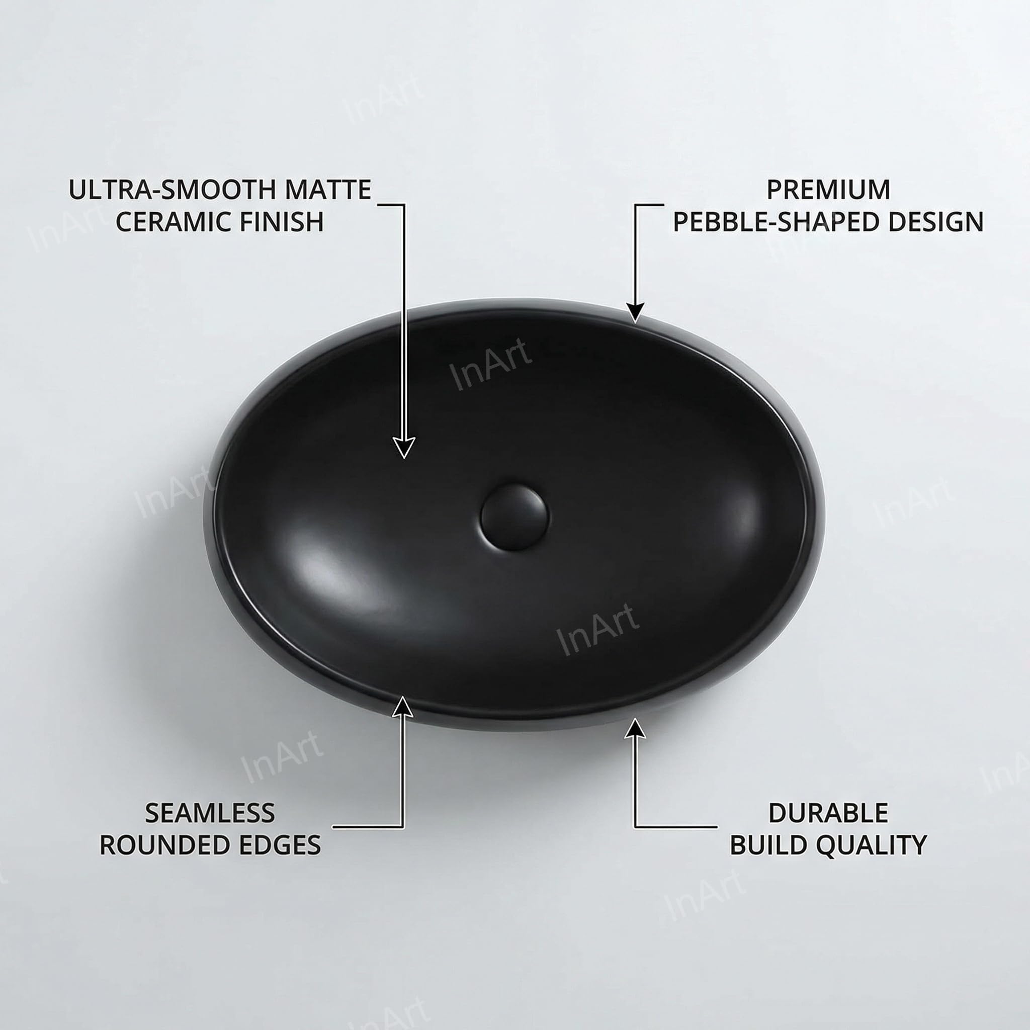 InArt Premium Designer Table Top Ceramic Wash Basin/Vessel Sink for Bathrooms (24 x 16 x 6 Inch, Black, Matt Finish) (Black Matt)