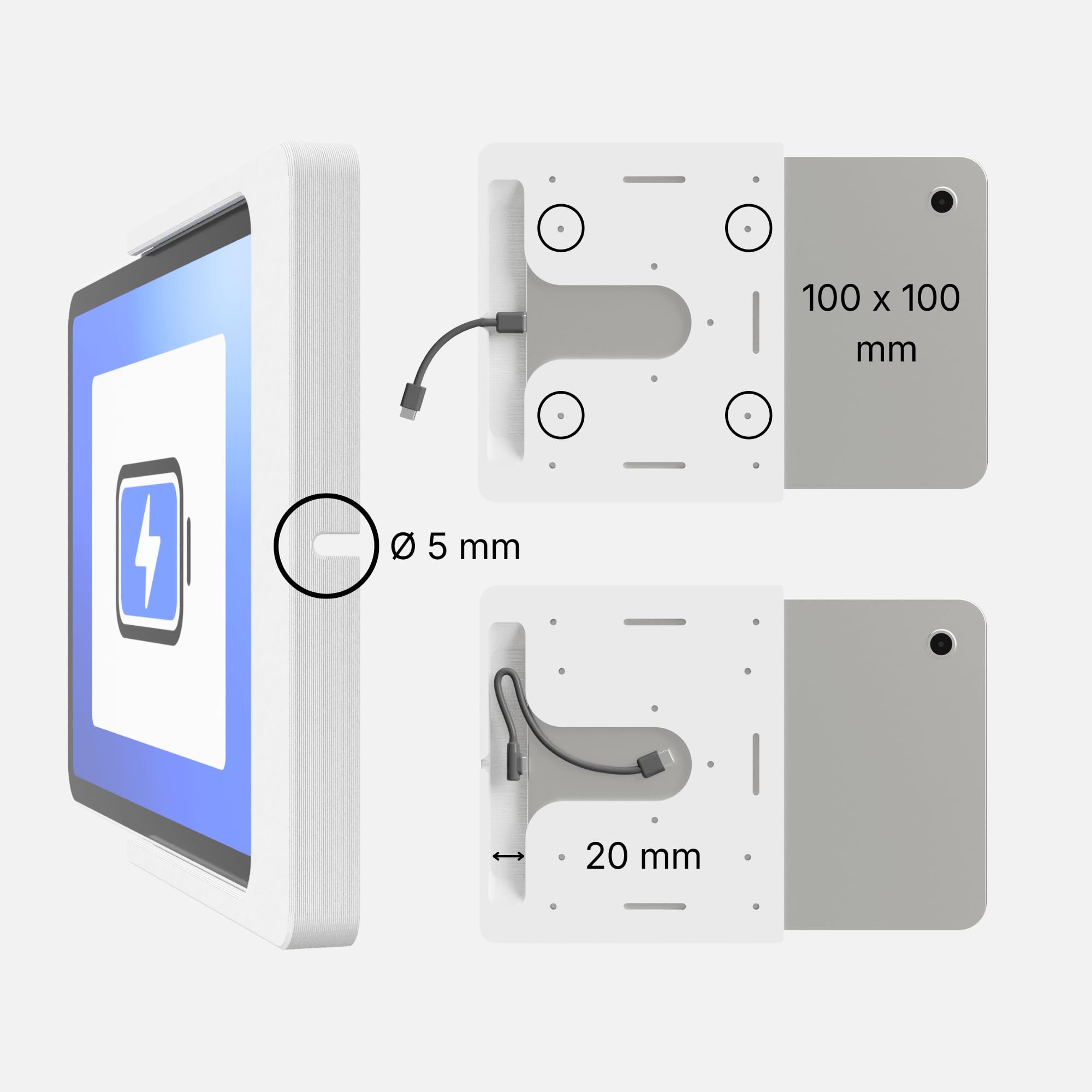 Support Mural Tablette pour Lenovo Tab M11 (11 Pouces, TB330) - Fixation Ultra-Plate et sur Mesure pour Écran Domotique et Tableau de Bord - Passe-Câble Intégré - Blanc