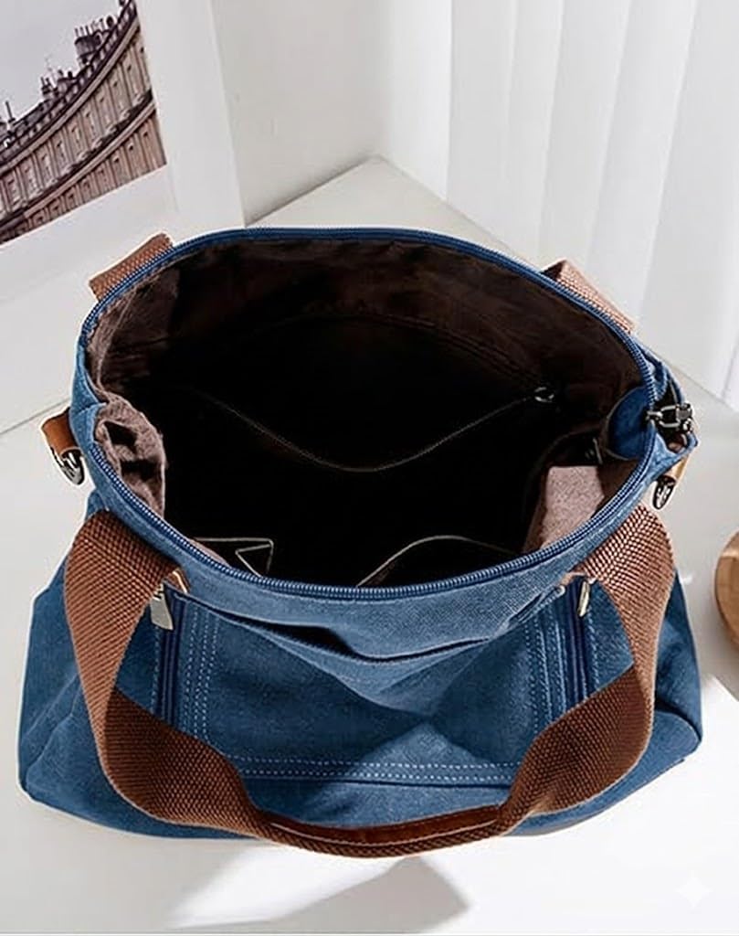 Canvas Hobo Shoulder Bag with Double Zippers, Brown Straps, Casual Tote Handbag for Women