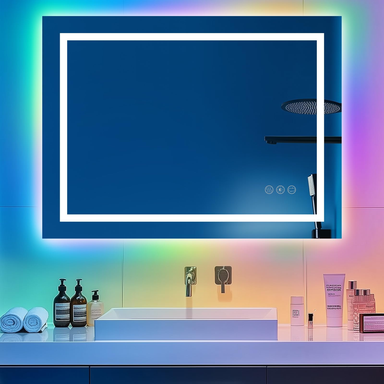 Youyijia Spiegel Mit Beleuchtung,80x60 cm Badspiegel Mit Beleuchtung Mit Touch-Schalter Beschlagfrei, 3 Lichtfarben Dimmbar,3500K-6500K Badezimmerspiegel, Spiegel (RGB-70x50cm)