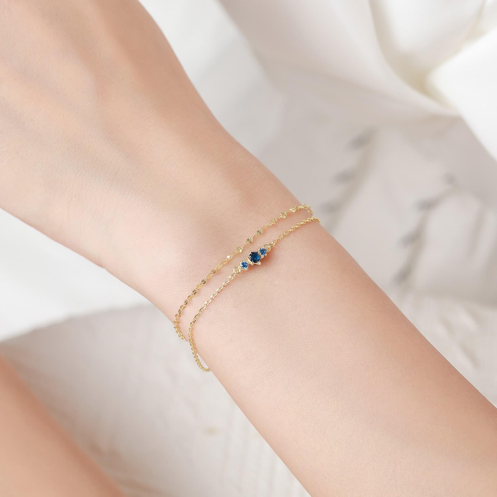 Pulsera para mujer de oro amarillo de 9 K/14 K/18 K, pulseras de doble capa para mujer con laboratorio, zafiro azul real, brazaletes dorados Au 375/585/750