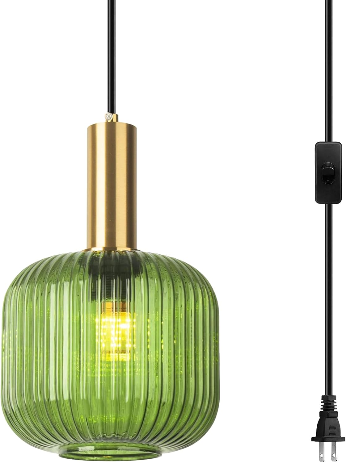 Plug in Pendant Light Green Glass Chandelier Plug in Hanging Light Fixture with Cord Mid Century Modern Gold Swag Lamp Boho Hanging Lamp for Living Room Corner Dining Room Bedroom