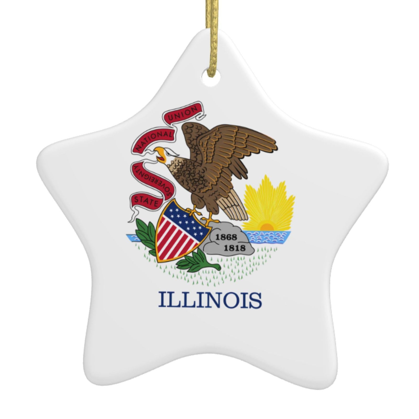 Illinois State Flag Christmas Ceramic Star Pendant with Punched Holes and Gold Wire Rope, Christmas Tree Home Decoration