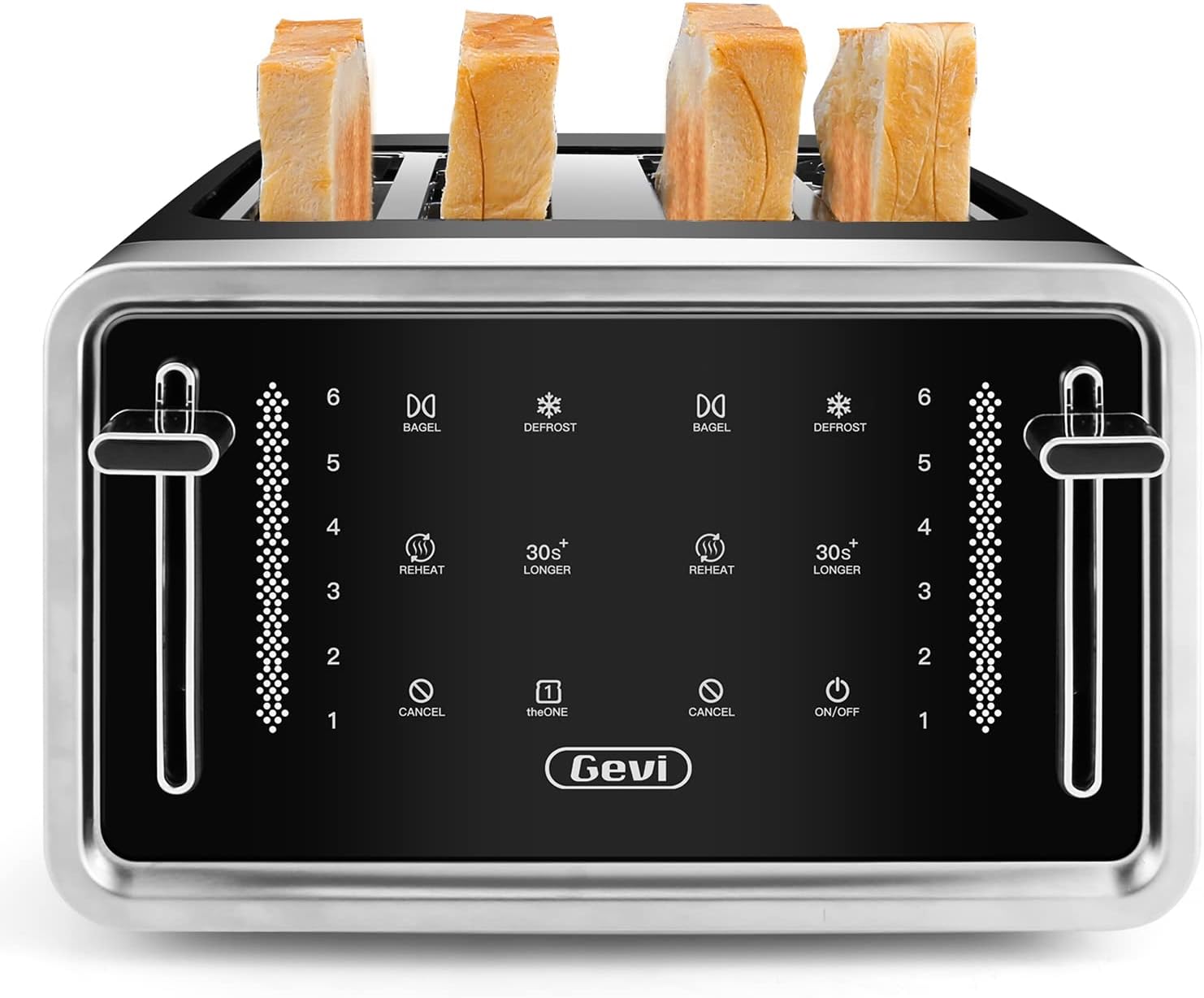GeviToaster 4 Slice, Led Display Touchscreen Bagel Toaster With Dual Control Panels Of Bagel/Reheat/Defrost/Cancel/Longer Function, 6 Shade Setting Black 10.5 x 11.1 x 7.4 inches