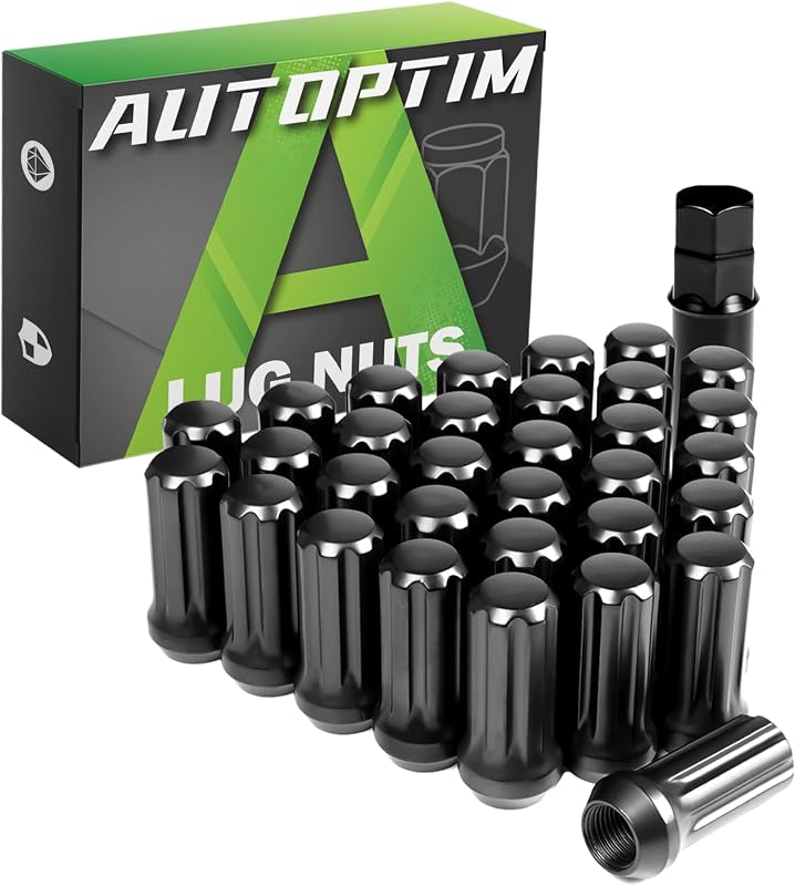 AUTOPTIM M14x1.5 Spline Lug Nuts - 32Pcs Black Long Wheel Nut with Socket | Replacement for Chevy Silverado 1500 Ram 2500 3500 GMC Sierra Ford F250, 7 Spline Closed End Conical Aftermarket Wheel Nuts