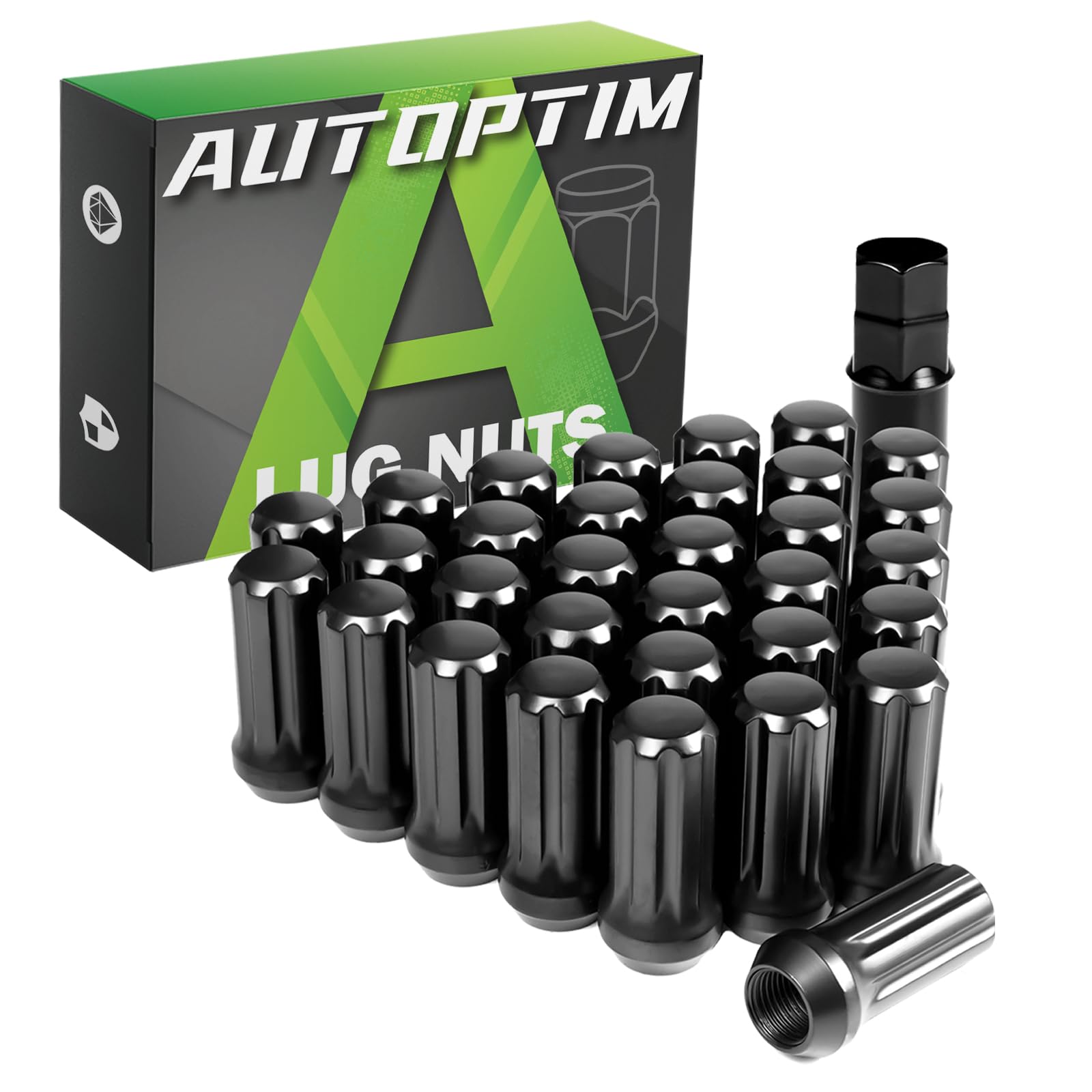 AUTOPTIM M14x1.5 Black Lug Nuts - Replacement for Chevy Silverado 1500, Ram 2500 3500 GMC Sierra Ford F250 8Lug Aftermarket Wheel, 32PCS 7 Spline Closed End Conical Seat Long Nuts with Socket Key